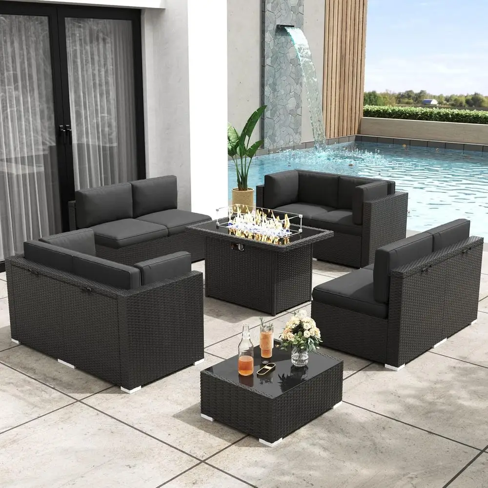 10-Piece Outdoor Wicker Sectional Sofa Set with Fire Pit Table
10-Piece Outdoor Wicker Sectional Sofa Set with Fire Pit Table