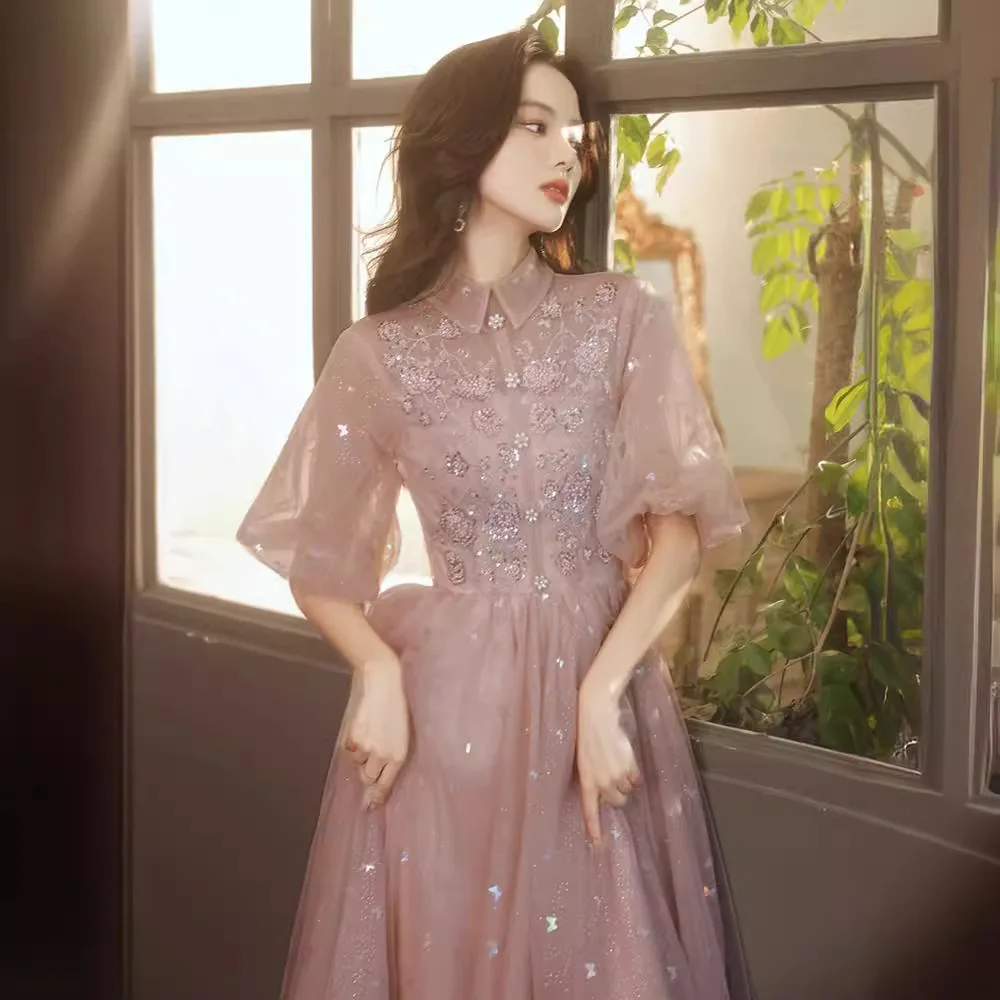 Elegant Turn Down Collar Women Bridesmaid Dress Pink Puff Sleeve Beaded Sequins Long Tulle Party Gowns New Female
Elegant Turn Down Collar Women Bridesmaid Dress Pink Puff Sleeve Beaded Sequins Long Tulle Party Gowns New Female