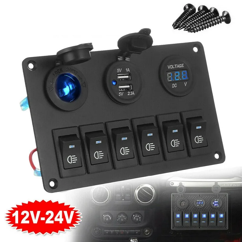 12V 6 Gang LED Toggle Rocker Switch Panel Dual USB Port Digital Voltage Display Waterproof for Car Boat Marine RV Truck
12V 6 Gang LED Toggle Rocker Switch Panel Dual USB Port Digital Voltage Display Waterproof for Car Boat Marine RV Truck