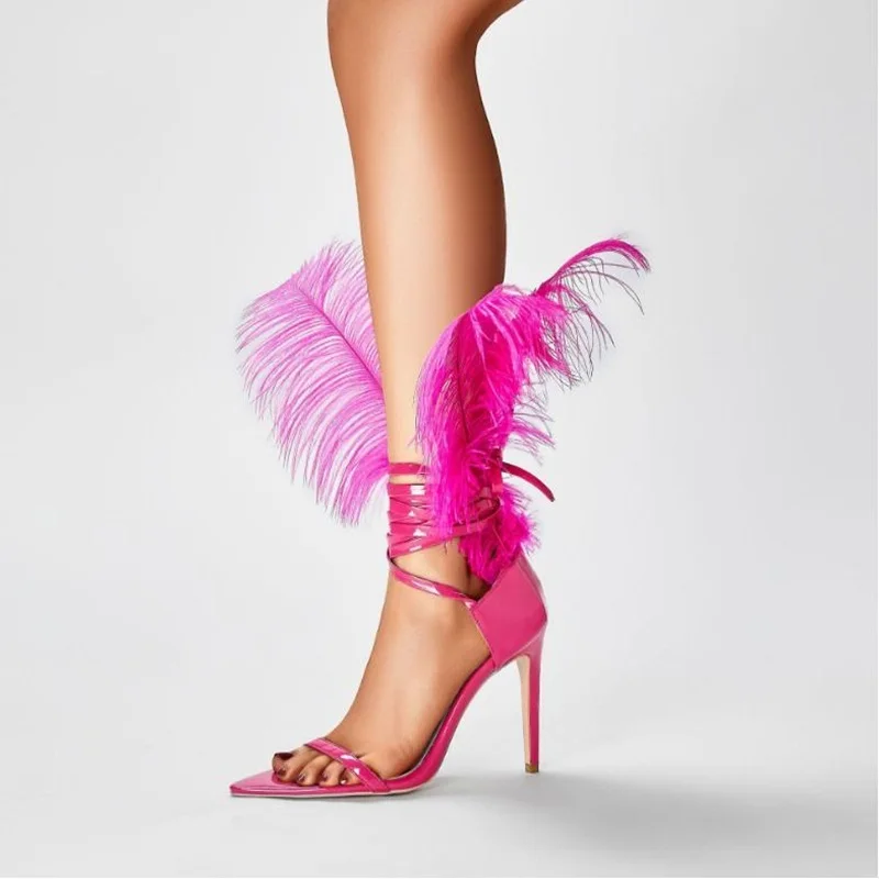 Removable Feather High Heel Sandals Pink Patent Leather Ankle Wrap Lace Up Gladiator Heels Evening Banquet Party shoes
Removable Feather High Heel Sandals Pink Patent Leather Ankle Wrap Lace Up Gladiator Heels Evening Banquet Party shoes