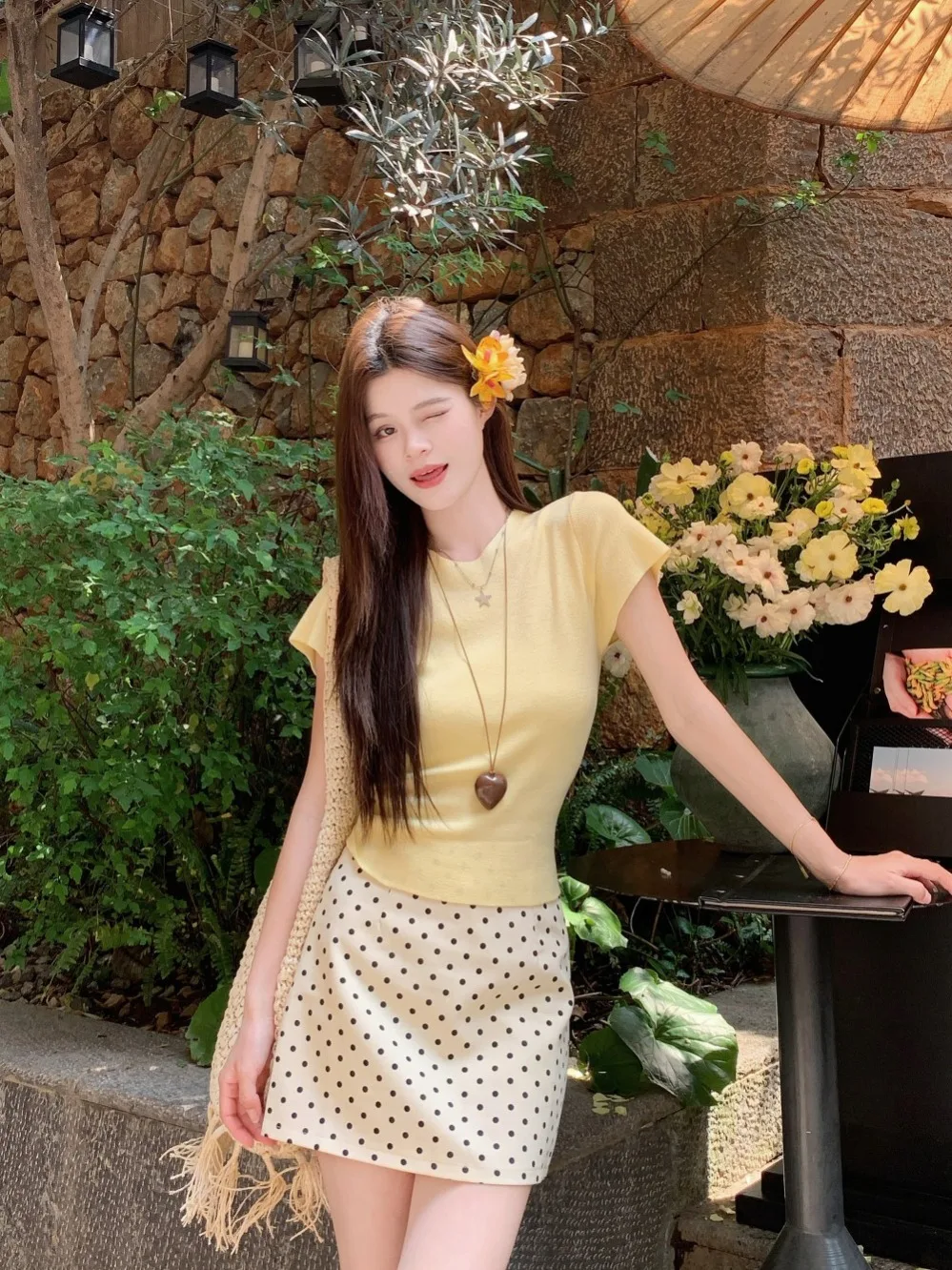 Summer Soft Style Women's Short Sleeve Knitted Set with Back Tie Top And Polka Dot Skirt High Waist Wrap around Design
Summer Soft Style Women's Short Sleeve Knitted Set with Back Tie Top And Polka Dot Skirt High Waist Wrap around Design