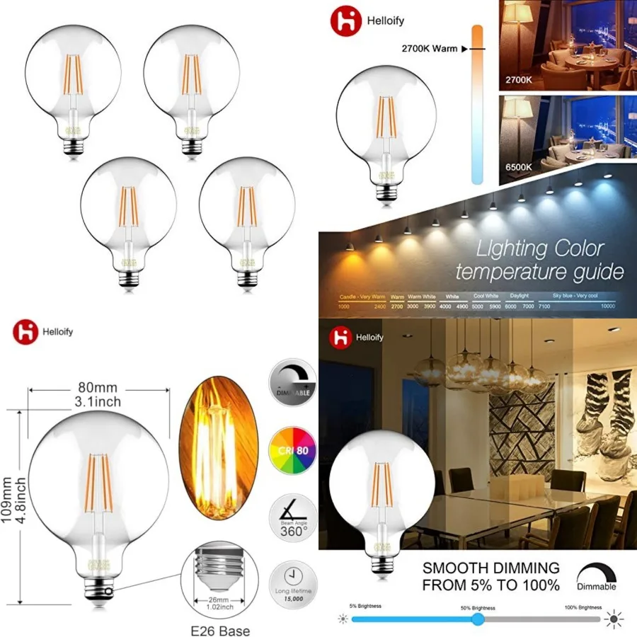 60W Equivalent Dimmable 5.5W Decorative Globe Vintage LED Edison Filament Bulbs, 500 lumens, Glass, 2700K Soft White Light, E26
60W Equivalent Dimmable 5.5W Decorative Globe Vintage LED Edison Filament Bulbs, 500 lumens, Glass, 2700K Soft White Light, E26