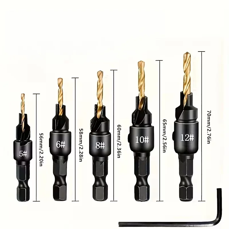 5PCS Hex Shank Countersink Drill Bit Set #5-#12, 2-in-1 Pilot Hole Chamfer Drill Bits for Wood Screw Flush Hidden Hole Drilling
5PCS Hex Shank Countersink Drill Bit Set #5-#12, 2-in-1 Pilot Hole Chamfer Drill Bits for Wood Screw Flush Hidden Hole Drilling