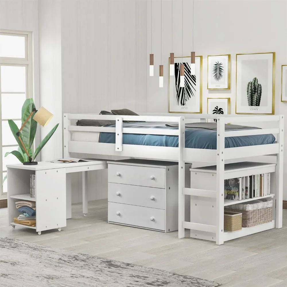 Low Study Loft Bed Frame with Storage Cabinet and Rolling Portable Desk for Kids and Teenagers, Twin Loft Bed with Desk
Low Study Loft Bed Frame with Storage Cabinet and Rolling Portable Desk for Kids and Teenagers, Twin Loft Bed with Desk