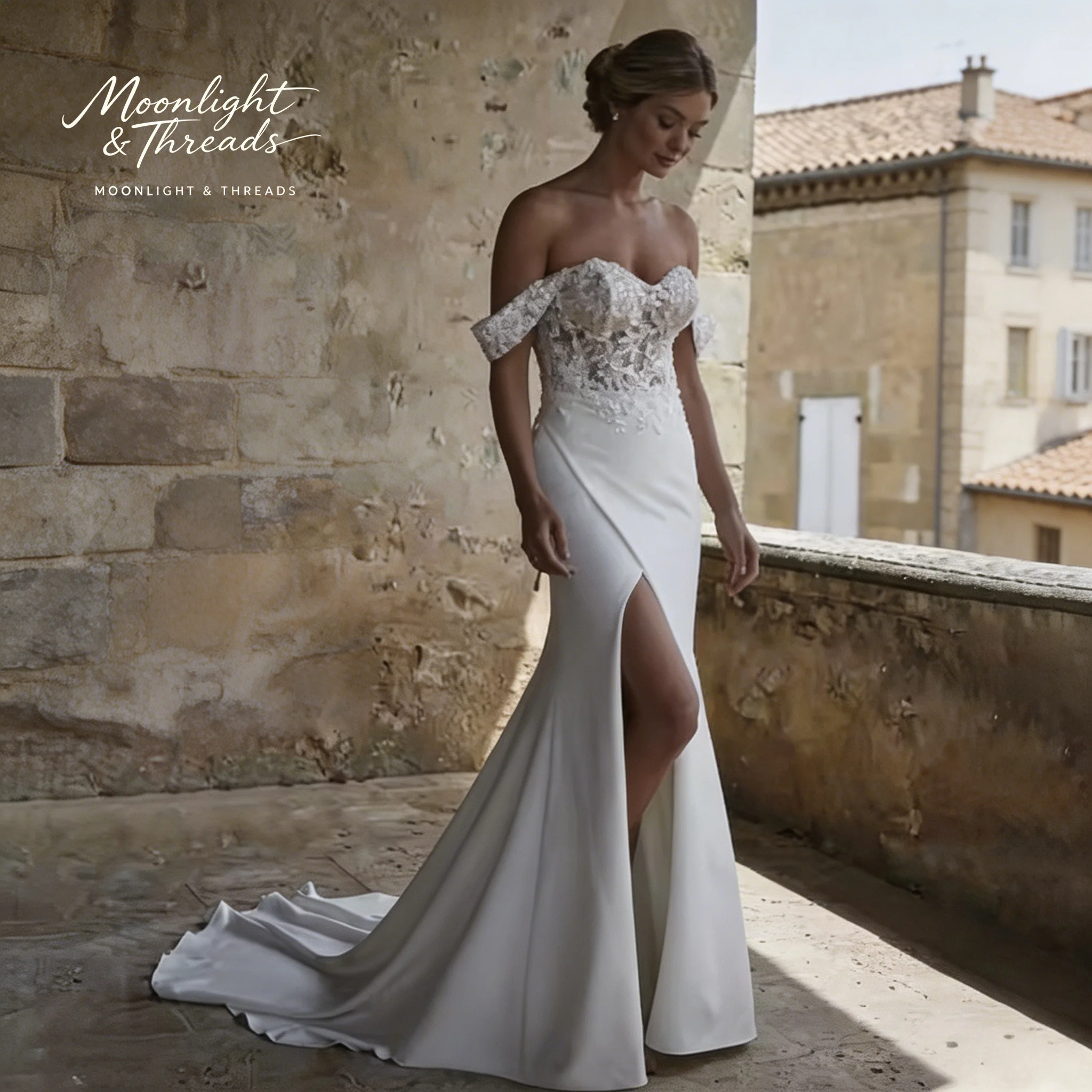 Ivory off-the-shoulder strapless mermaid formal wedding gown featuring embroidered appliqués and a slit skirt
Ivory off-the-shoulder strapless mermaid formal wedding gown featuring embroidered appliqués and a slit skirt