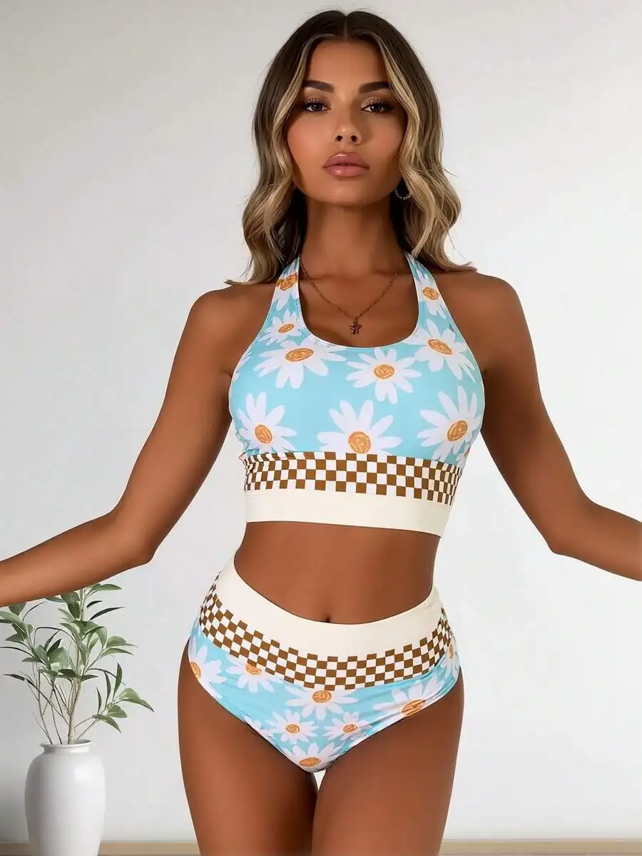 Blue Daisy Print Checkered Two Piece Bikini Set
Blue Daisy Print Checkered Two Piece Bikini Set