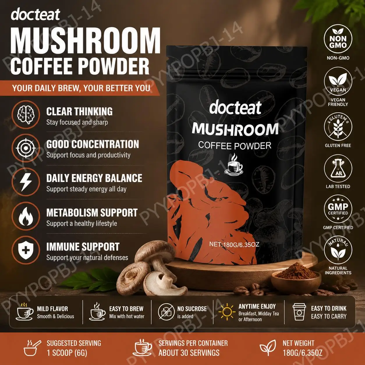 Docteat Mushroom Powder Supplement with L-Theanine, Supports Daily Energy Balance and Metabolism, Easy Hot Mix, 180g
Docteat Mushroom Powder Supplement with L-Theanine, Supports Daily Energy Balance and Metabolism, Easy Hot Mix, 180g