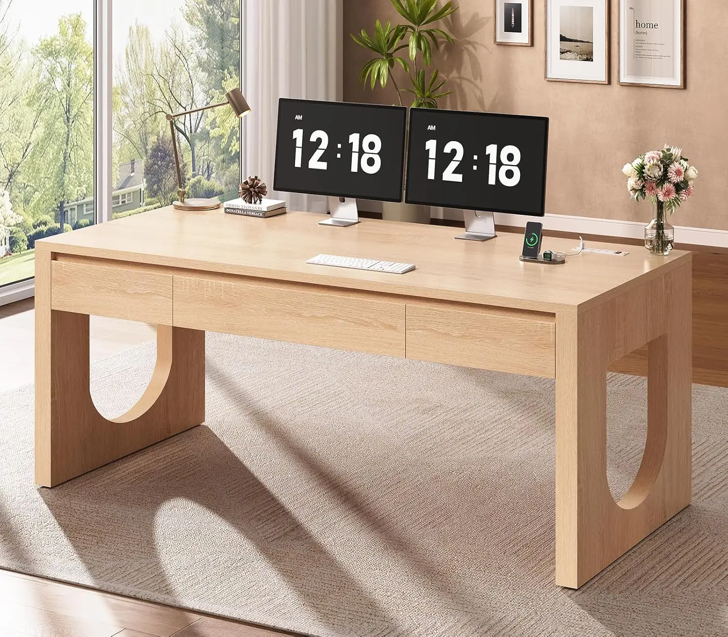 Modern Office Desk with 3 Drawers, 55" Executive Desk with U-Shaped Legs, Wood Computer Desk with Power Outlet,, Customized
Modern Office Desk with 3 Drawers, 55" Executive Desk with U-Shaped Legs, Wood Computer Desk with Power Outlet,, Customized