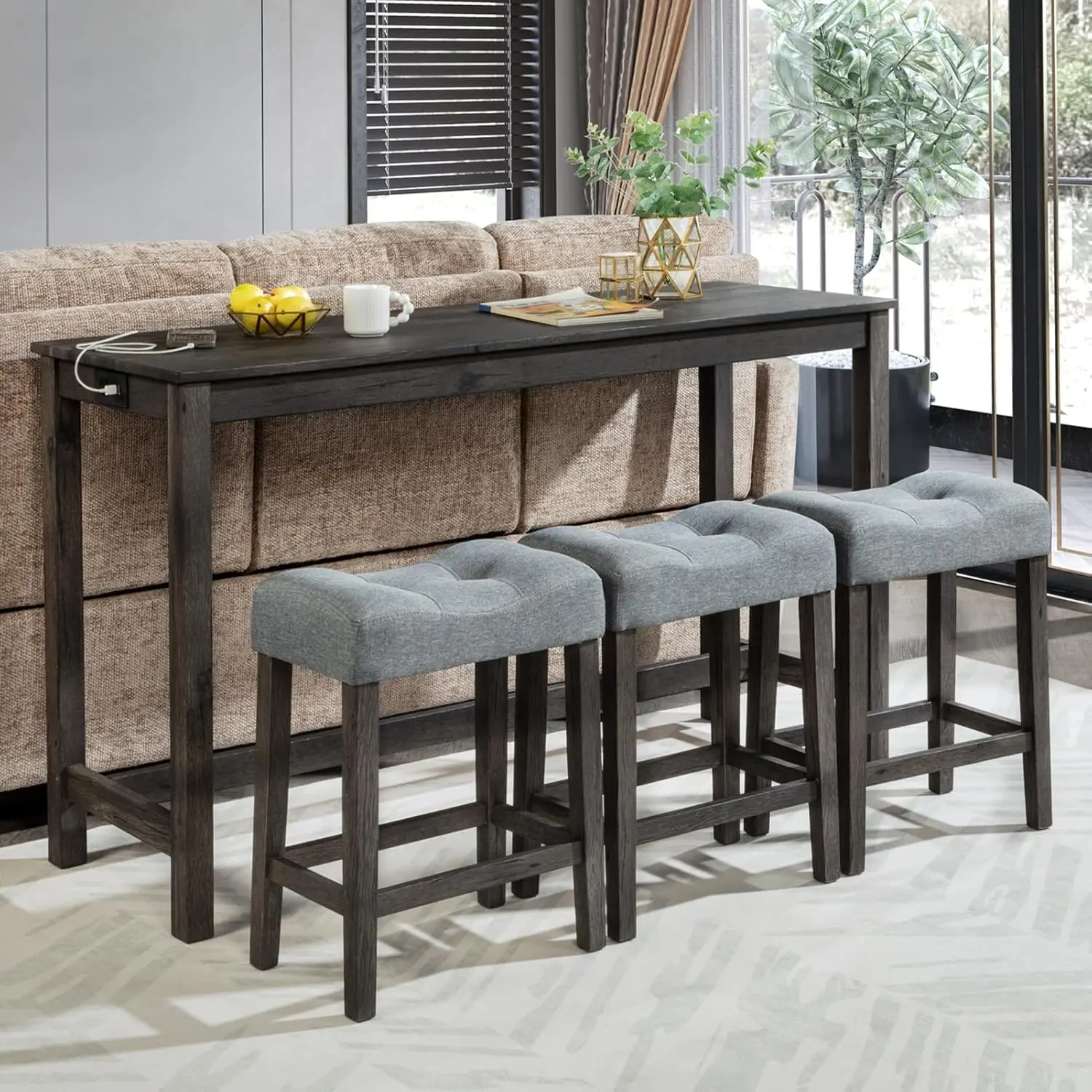 59' Counter Height Bar Table Set with Power Outlet, Industrial Breakfast Table with 3 Padded Stools
59' Counter Height Bar Table Set with Power Outlet, Industrial Breakfast Table with 3 Padded Stools