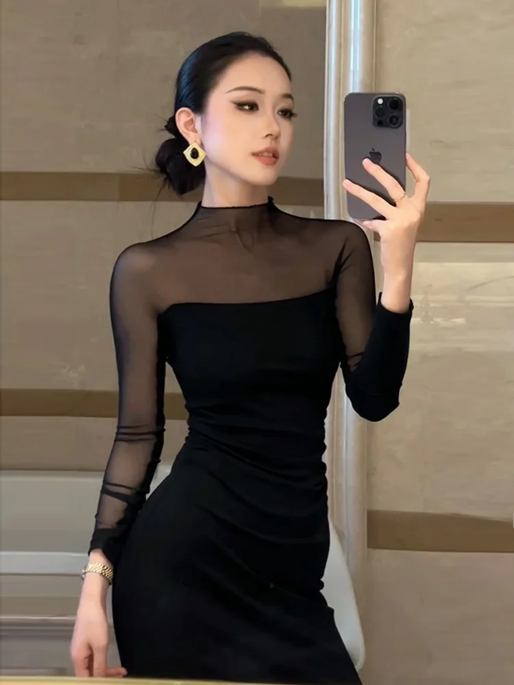 Retro Black Mesh Splice Dress Women's Elegant Waist-Cinching Skirt Spring Summer City Commute Casual Long Sleeve Full-Length
Retro Black Mesh Splice Dress Women's Elegant Waist-Cinching Skirt Spring Summer City Commute Casual Long Sleeve Full-Length