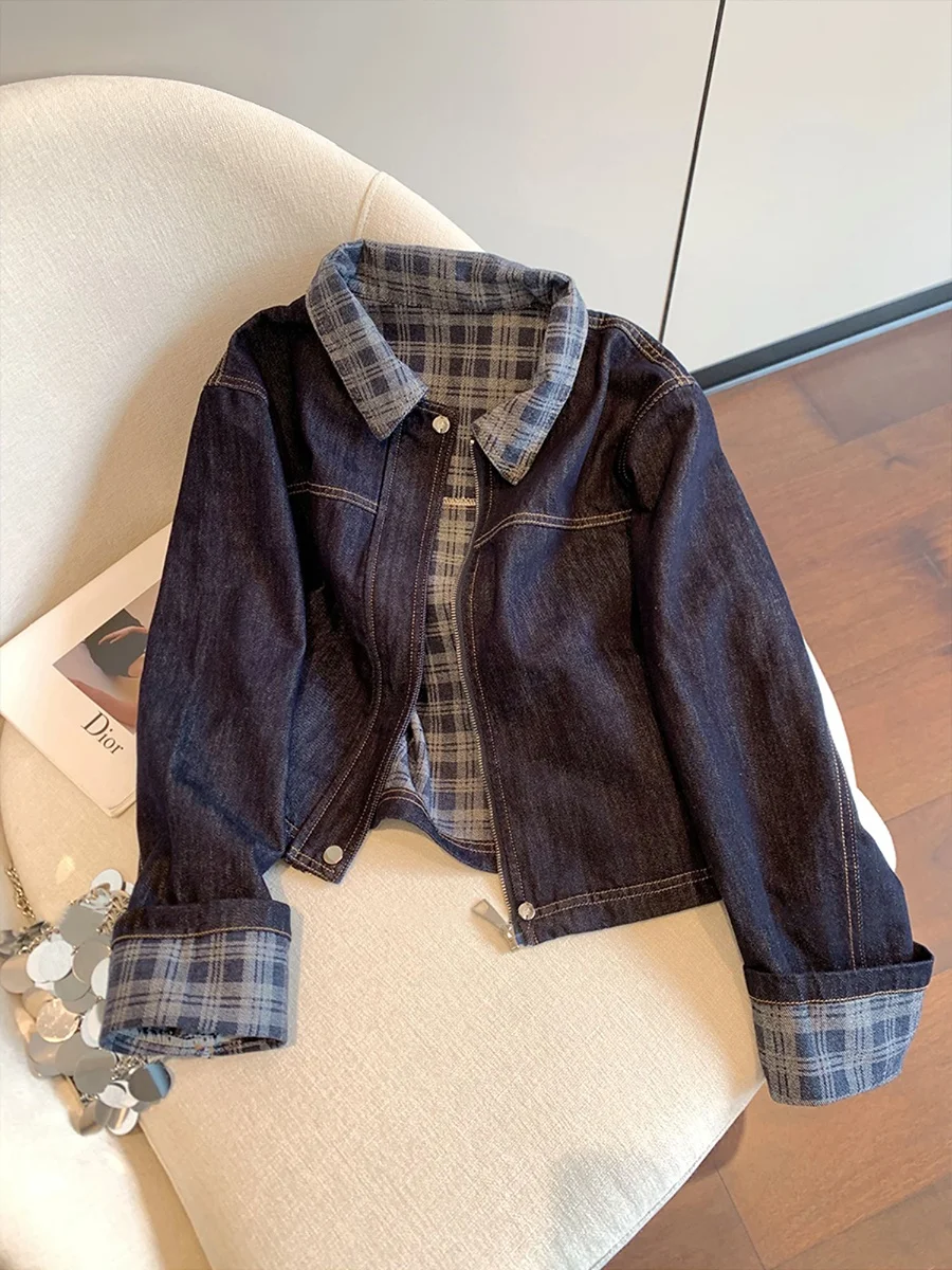 Retro Plaid Splicing Denim Jaet Loose Fit Men Women Spring Autumn Trendy Brand American Sle Slimming Top Outerwear
Retro Plaid Splicing Denim Jaet Loose Fit Men Women Spring Autumn Trendy Brand American Sle Slimming Top Outerwear