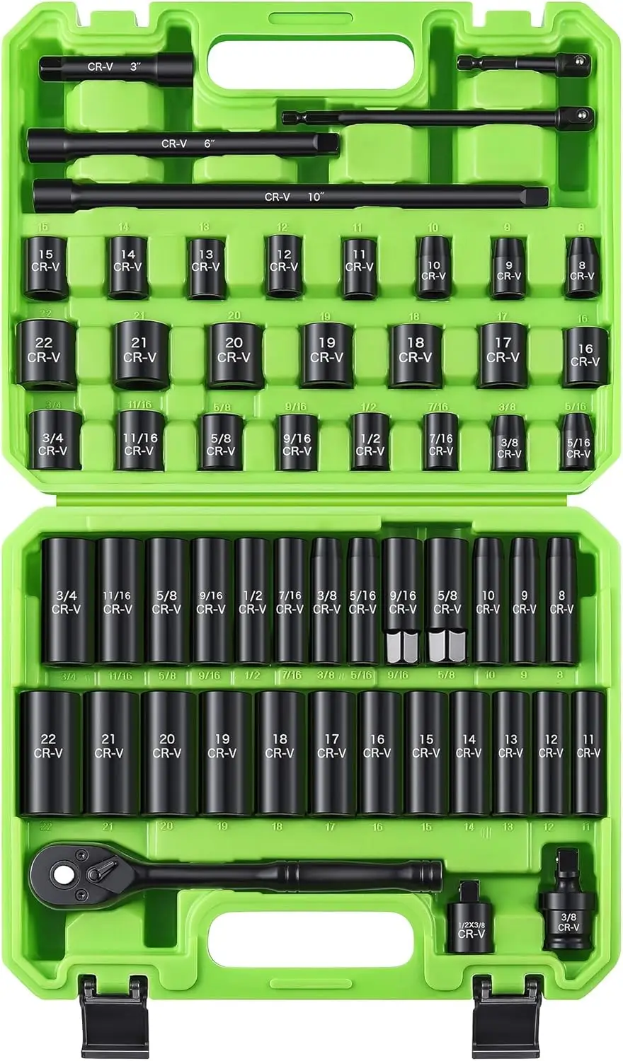 56-Piece 3/8" Drive Socket Set, SAE & Metric, Deep & Shallow, CR-V Steel, Blow-Molded Case
56-Piece 3/8" Drive Socket Set, SAE & Metric, Deep & Shallow, CR-V Steel, Blow-Molded Case