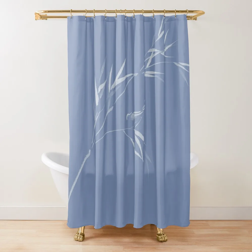 Bird perched on bamboo branch light blue background minimalistic floral design in oriental Zen style art print Shower Curtain 
Bird perched on bamboo branch light blue background minimalistic floral design in oriental Zen style art print Shower Curtain