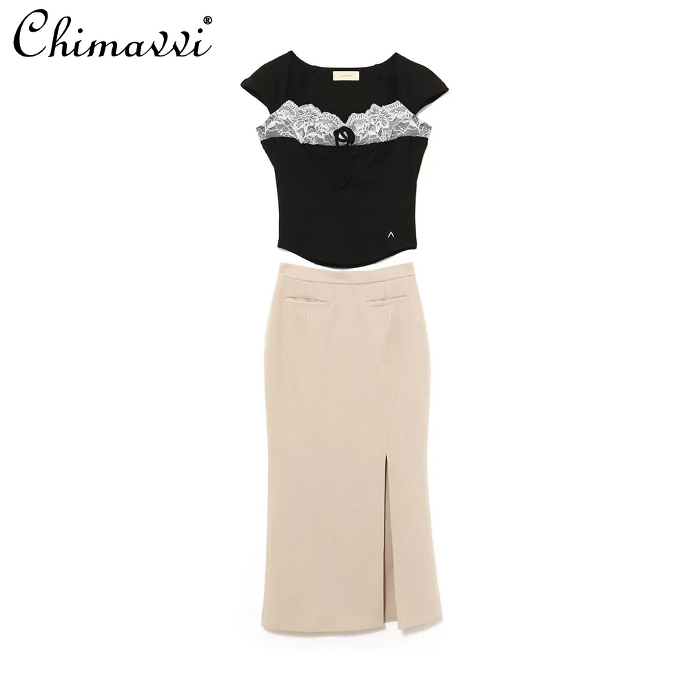 Japanese Sexy Girl Lace Patchwork Slim Short Sleeve T-Shirt + Front Slit Half Skirt Two-Piece Set Elegant Women's Fashion Outfit
Japanese Sexy Girl Lace Patchwork Slim Short Sleeve T-Shirt + Front Slit Half Skirt Two-Piece Set Elegant Women's Fashion Outfit
