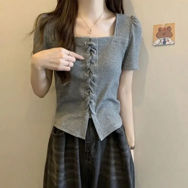 Women Blouse Sweet Cute Bandage T Shirt Slim Trim Short Sleeve Tees Wome Summer Fashion Streetwear Lady
Women Blouse Sweet Cute Bandage T Shirt Slim Trim Short Sleeve Tees Wome Summer Fashion Streetwear Lady