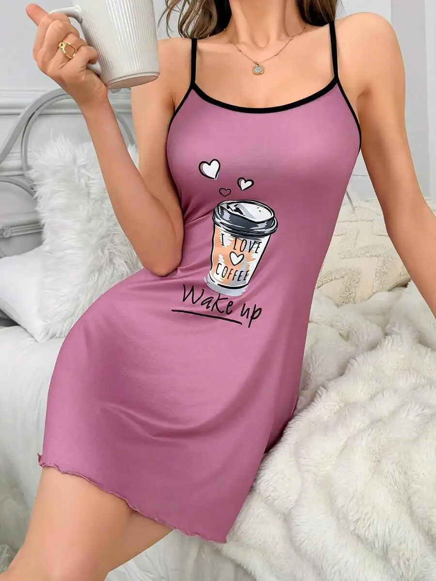 Womens Cartoon Coffee Print Halter Nightgown Soft Comfortable Sleepwear Short Dress
Womens Cartoon Coffee Print Halter Nightgown Soft Comfortable Sleepwear Short Dress