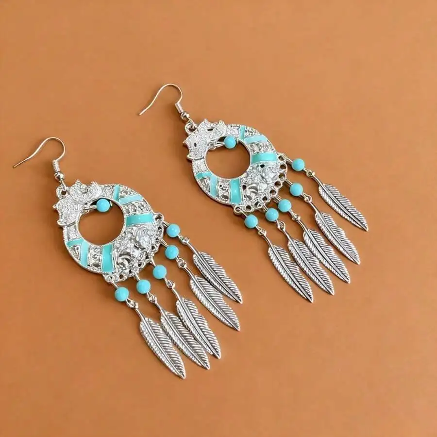 Bohemian Style Long Drop Earrings With Turquoise Beads And Feather Charms For Women
Bohemian Style Long Drop Earrings With Turquoise Beads And Feather Charms For Women
