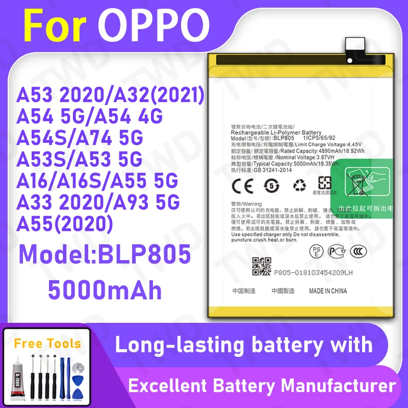 100% New 5000mAh BLP805 Battery For OPPO A53 2020/A32 2021/A54 5G/A54 4G Replacement Bateria+Free Tools
100% New 5000mAh BLP805 Battery For OPPO A53 2020/A32 2021/A54 5G/A54 4G Replacement Bateria+Free Tools