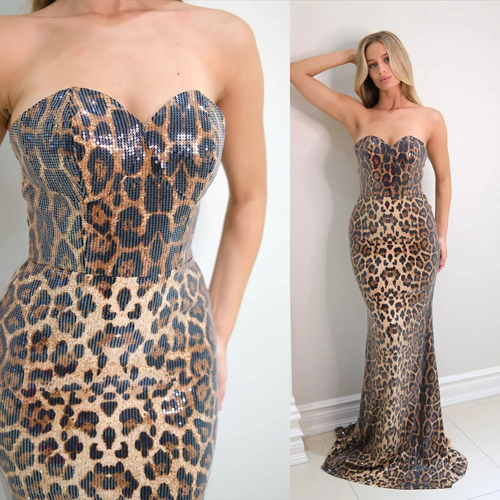 Sexy Evening Dresses Mermaid Sweetheart Sweep Leopard Print Sequins Women Formal Prom Gowns Modern Special Occasion Customized
Sexy Evening Dresses Mermaid Sweetheart Sweep Leopard Print Sequins Women Formal Prom Gowns Modern Special Occasion Customized