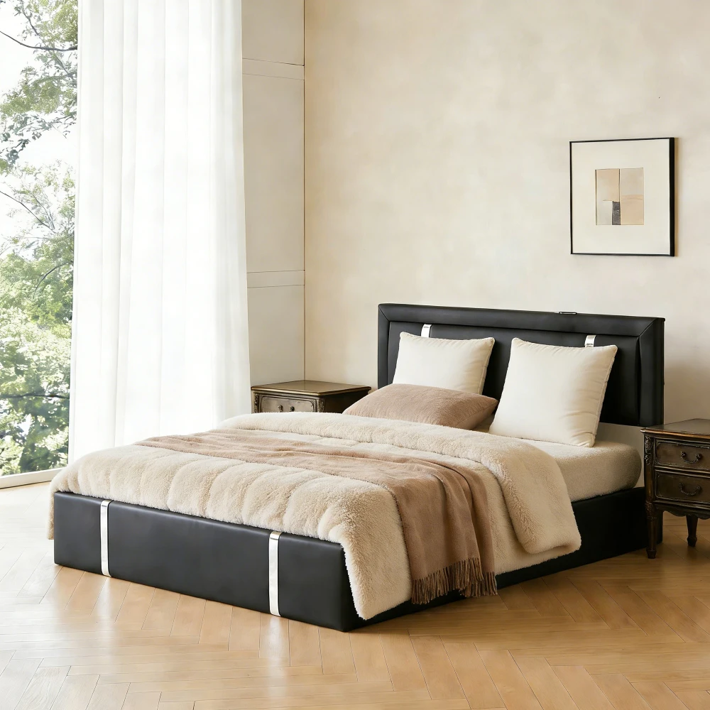 Queen Bed Frame with Adjustable LED Headboard, USB-C Ports, Hydraulic, Faux Leather, Metal Slats (Black)
Queen Bed Frame with Adjustable LED Headboard, USB-C Ports, Hydraulic, Faux Leather, Metal Slats (Black)