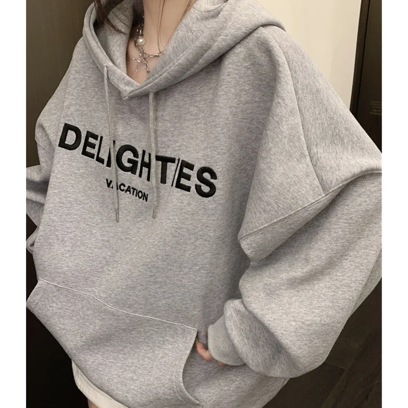 Women's Clothing Grey Hooded Sweatshirt Letter Embroidery Korean Fashion Hip Hop Vintage Thicken Lazy Wind Winter Tops Pullover
Women's Clothing Grey Hooded Sweatshirt Letter Embroidery Korean Fashion Hip Hop Vintage Thicken Lazy Wind Winter Tops Pullover