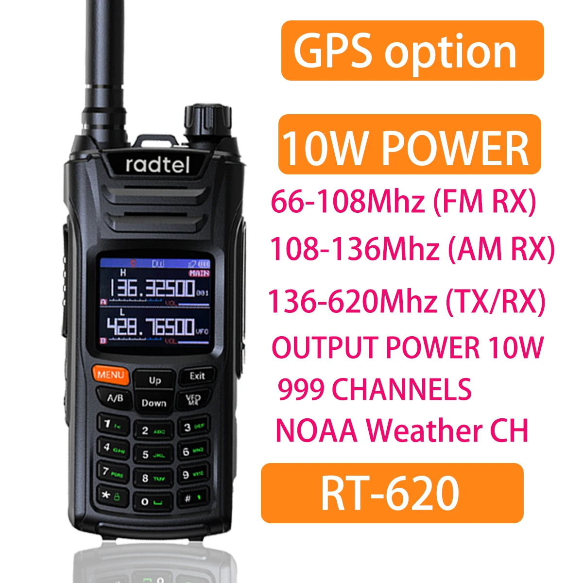 Radtel RT-620 GPS 10W 136-620Mhz Amateur Ham Two Way Radio Satcom 999CH Air Band Walkie Talkie Color LCD Police NOAA Aviation
Radtel RT-620 GPS 10W 136-620Mhz Amateur Ham Two Way Radio Satcom 999CH Air Band Walkie Talkie Color LCD Police NOAA Aviation