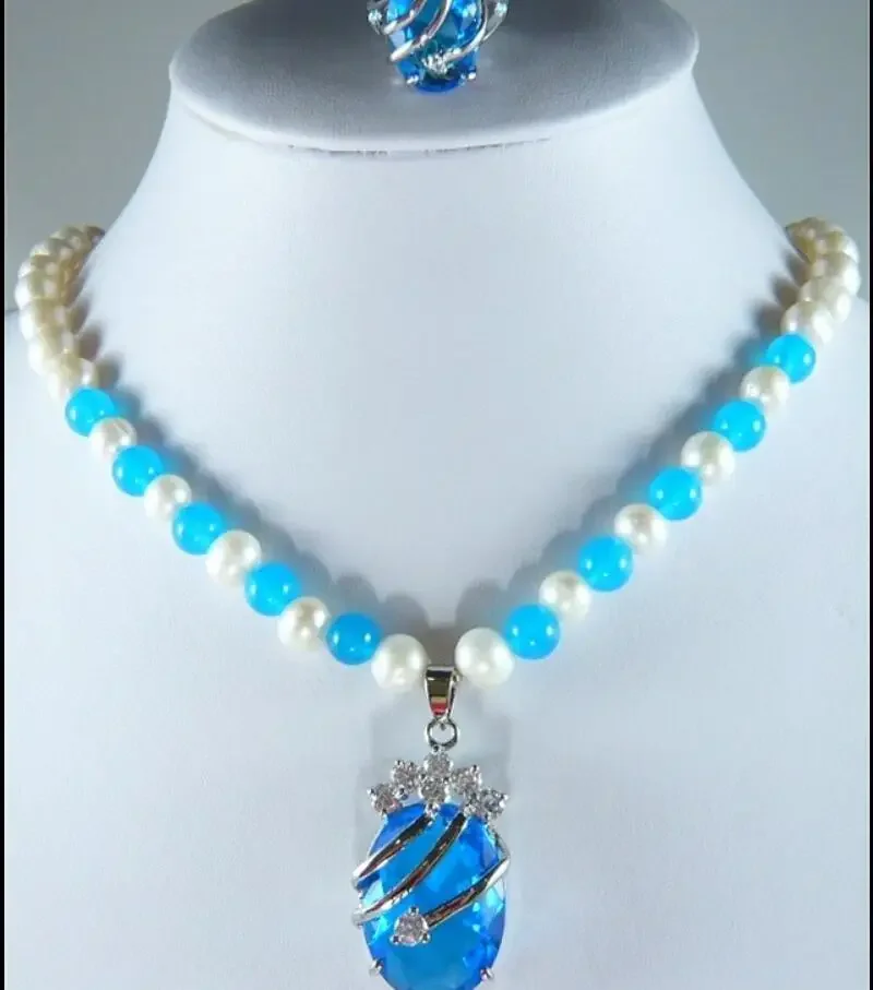 Women's fashion 7-8mm white natural shell pearl blue Pendant Necklace blue zircon ring metal silver plated jewelry set gif
Women's fashion 7-8mm white natural shell pearl blue Pendant Necklace blue zircon ring metal silver plated jewelry set gif