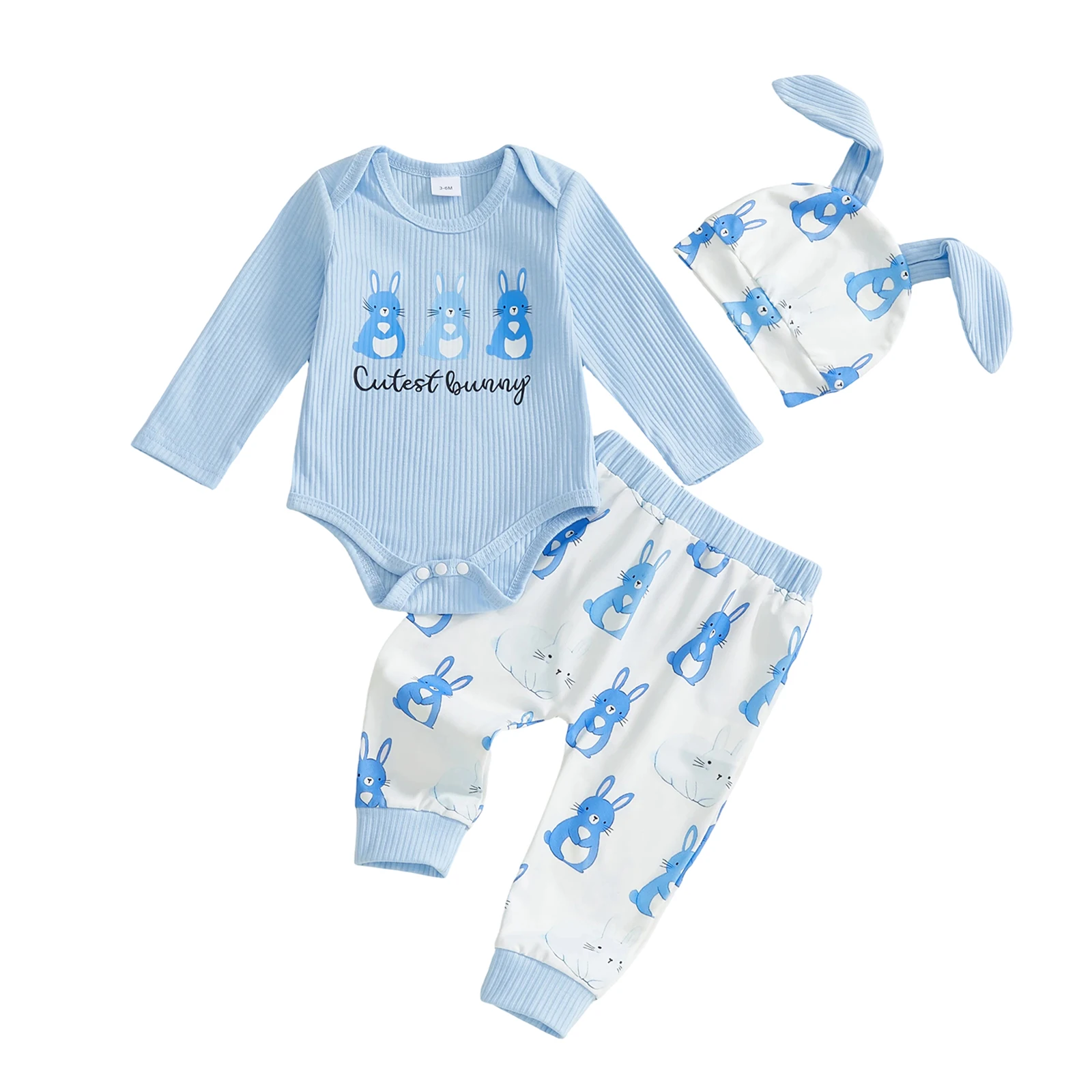 Baby Girls Boys Easter Bunny Print Romper Set with Long Sleeve Crew Neck Elastic Waist Pants and Hat for a Cute Holiday Look
Baby Girls Boys Easter Bunny Print Romper Set with Long Sleeve Crew Neck Elastic Waist Pants and Hat for a Cute Holiday Look