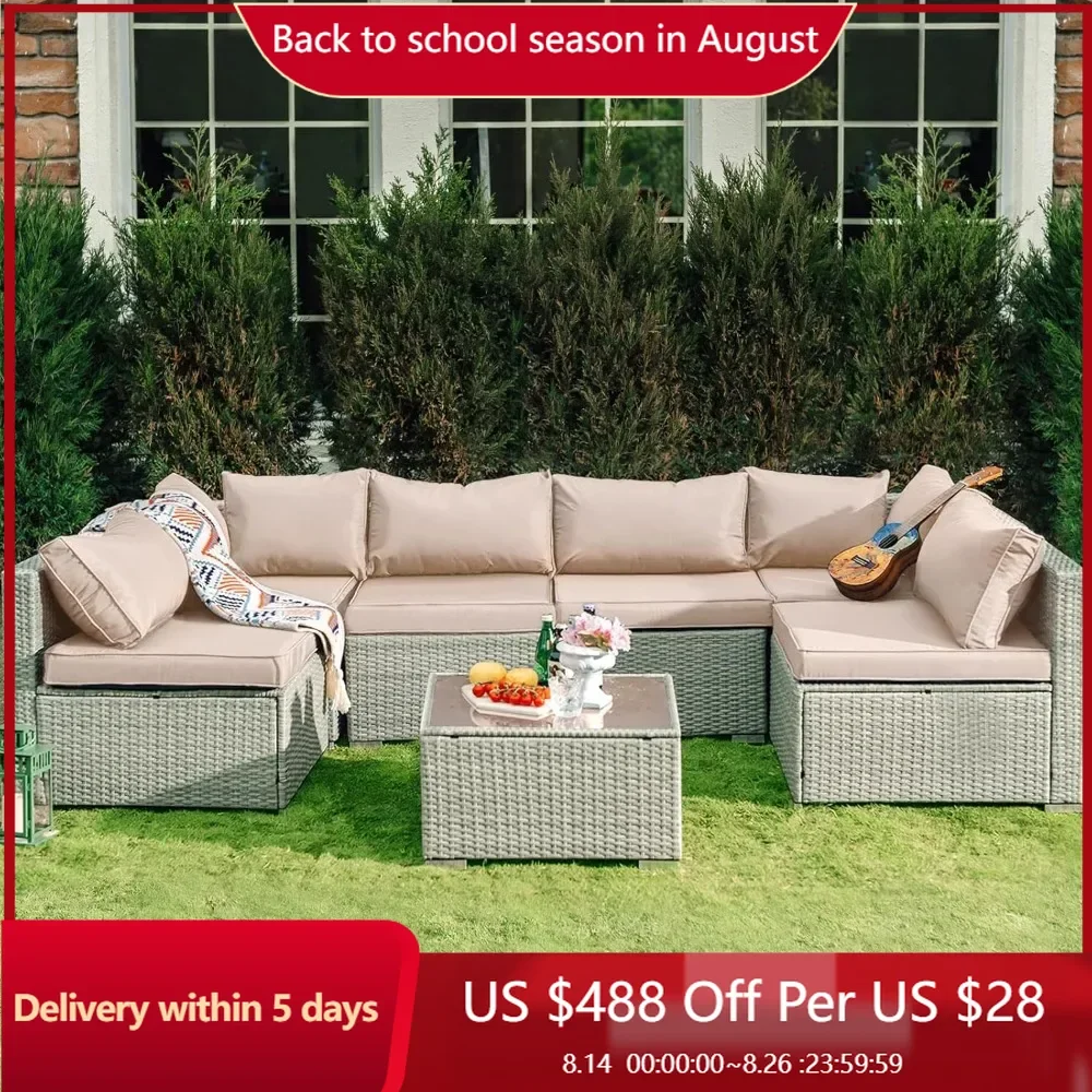 7 Pieces Patio Furniture Set,Outdoor Sectional Wicker Rattan Furniture with Cushion and Glass Table Patio Conversation Sets
7 Pieces Patio Furniture Set,Outdoor Sectional Wicker Rattan Furniture with Cushion and Glass Table Patio Conversation Sets