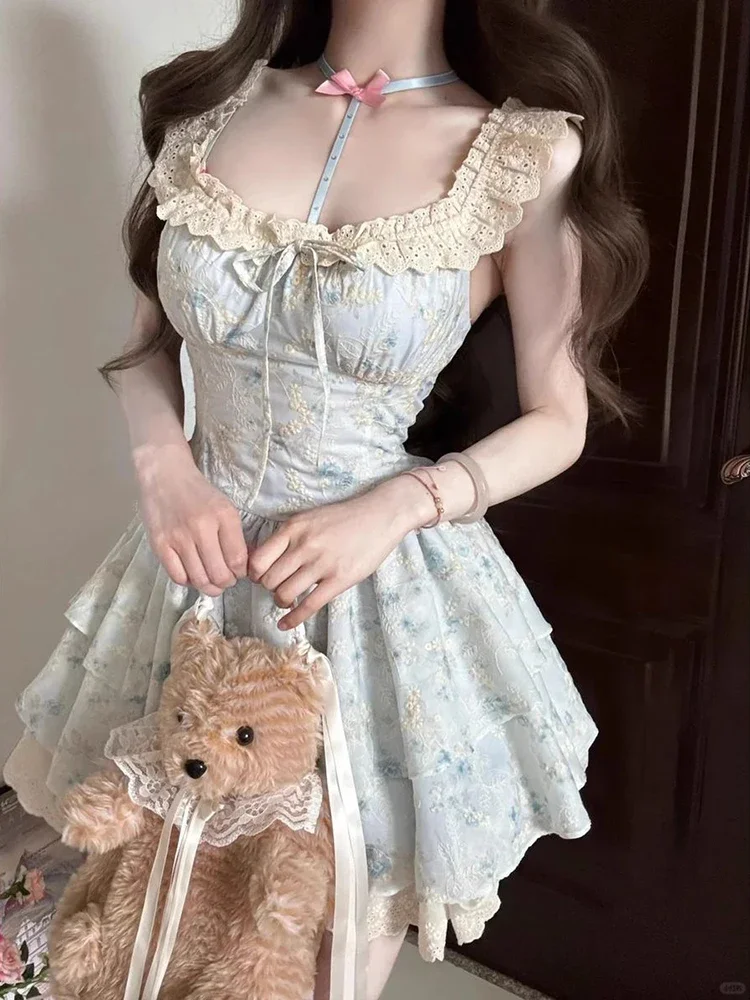 Sweet Bow Floral Mini Dress Women Lolita Slim Lace Patchwork Ruffles Dresses Summer Cute Flying Sleeve Female Party Vestidos New
Sweet Bow Floral Mini Dress Women Lolita Slim Lace Patchwork Ruffles Dresses Summer Cute Flying Sleeve Female Party Vestidos New