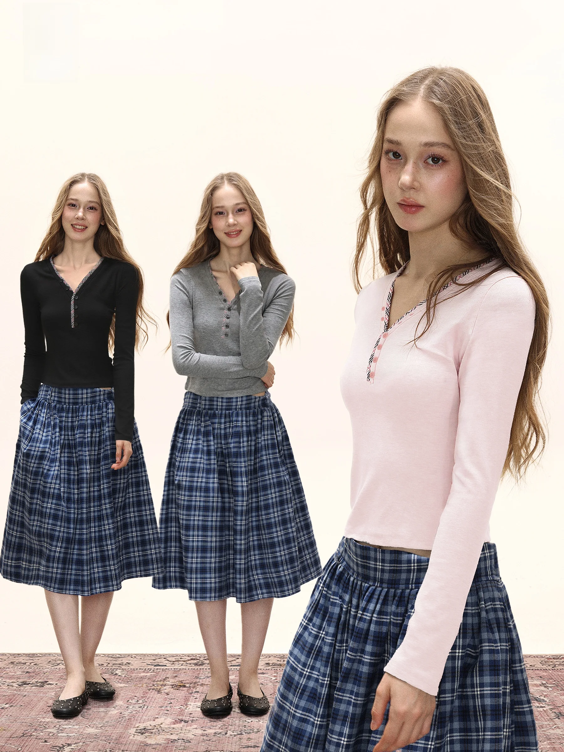 Женская осенне-зимняя базовая футболка IYUE с V-образным вырезом, пуговицами и клетчатыми вставками, в американском стиле, с открытыми плечами, повседневная, укороченная, для ношения под одеждой.
Женская осенне-зимняя базовая футболка IYUE с V-образным вырезом, пуговицами и клетчатыми вставками, в американском стиле, с открытыми плечами, повседневная, укороченная, для ношения под одеждой.