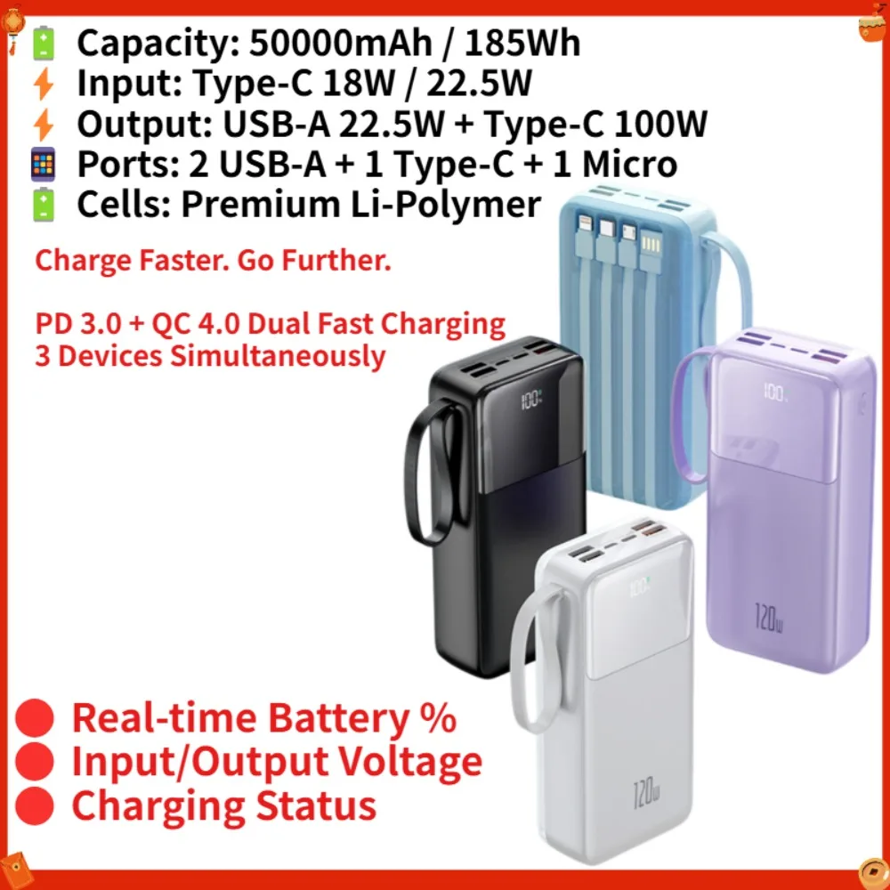 50000mAh 120W Fast Charging Power Bank, LCD Display Portable Battery Pack for Camping, Compatible with iPhone Samsung Xiaomi
50000mAh 120W Fast Charging Power Bank, LCD Display Portable Battery Pack for Camping, Compatible with iPhone Samsung Xiaomi