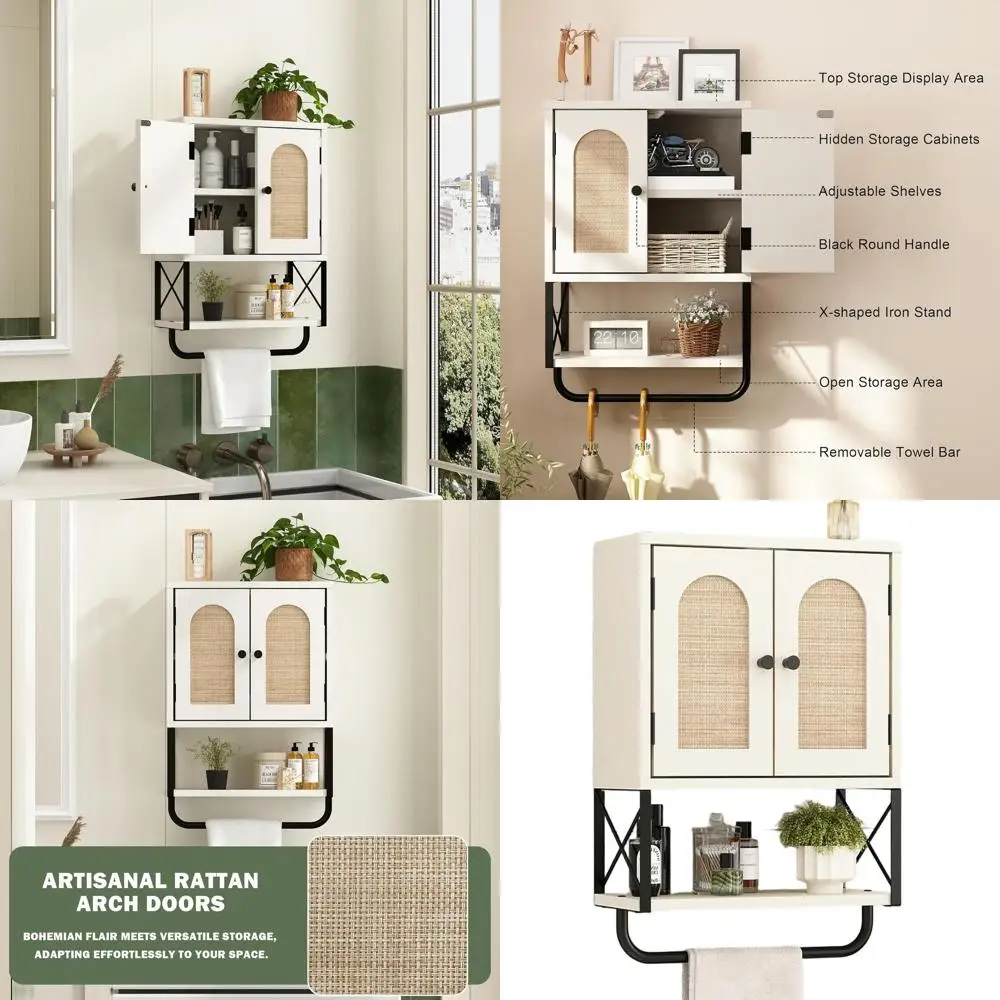 Винтажный белый небольшой настенный шкафчик в стиле бохо из ротанга для ванной комнаты с арочными дверцами, хранение над унитазом, регулируемые полки и вешалка для полотенец
Винтажный белый небольшой настенный шкафчик в стиле бохо из ротанга для ванной комнаты с арочными дверцами, хранение над унитазом, регулируемые полки и вешалка для полотенец