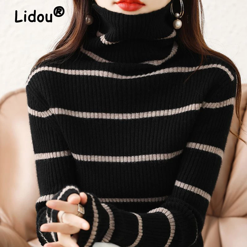 Women Korean Fashion Striped High Collar Knitted Sweater Vintage Simple Long Sleeve Slim Pullover Tops 2024 Autumn Winter Jumper
Women Korean Fashion Striped High Collar Knitted Sweater Vintage Simple Long Sleeve Slim Pullover Tops 2024 Autumn Winter Jumper