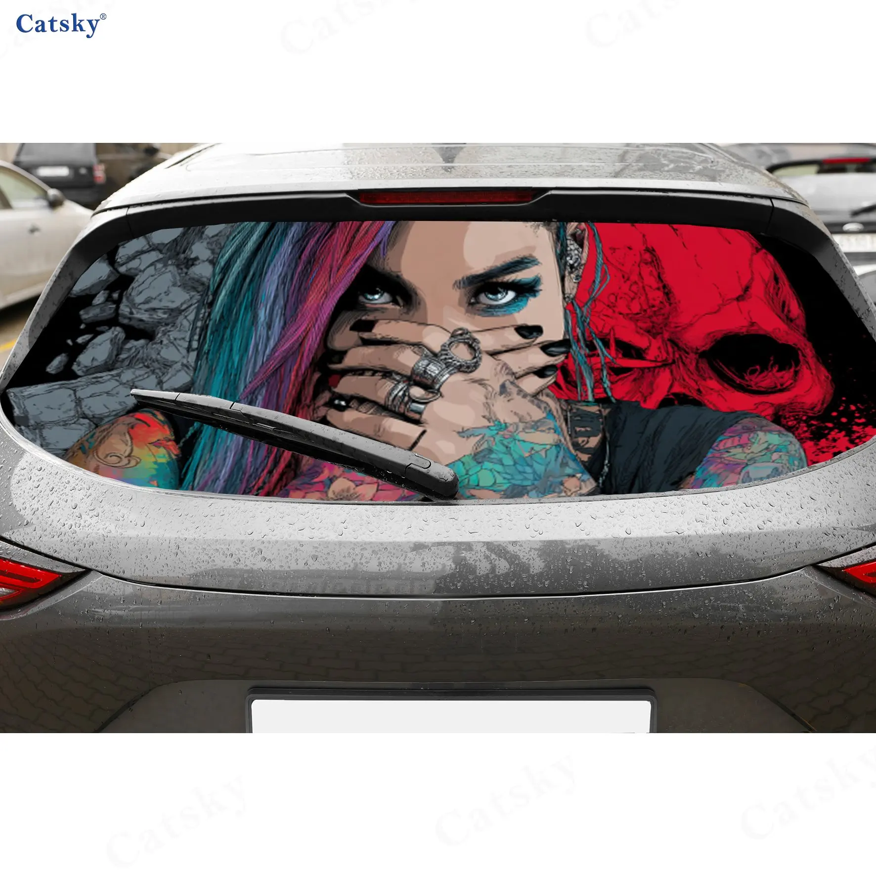 Tattooed Punk Girl Adventure PVC Perforated Car Vinyl Wraps, Durable Car Rear Windshield Sticker, Waterproof Car Rear Window Dec
