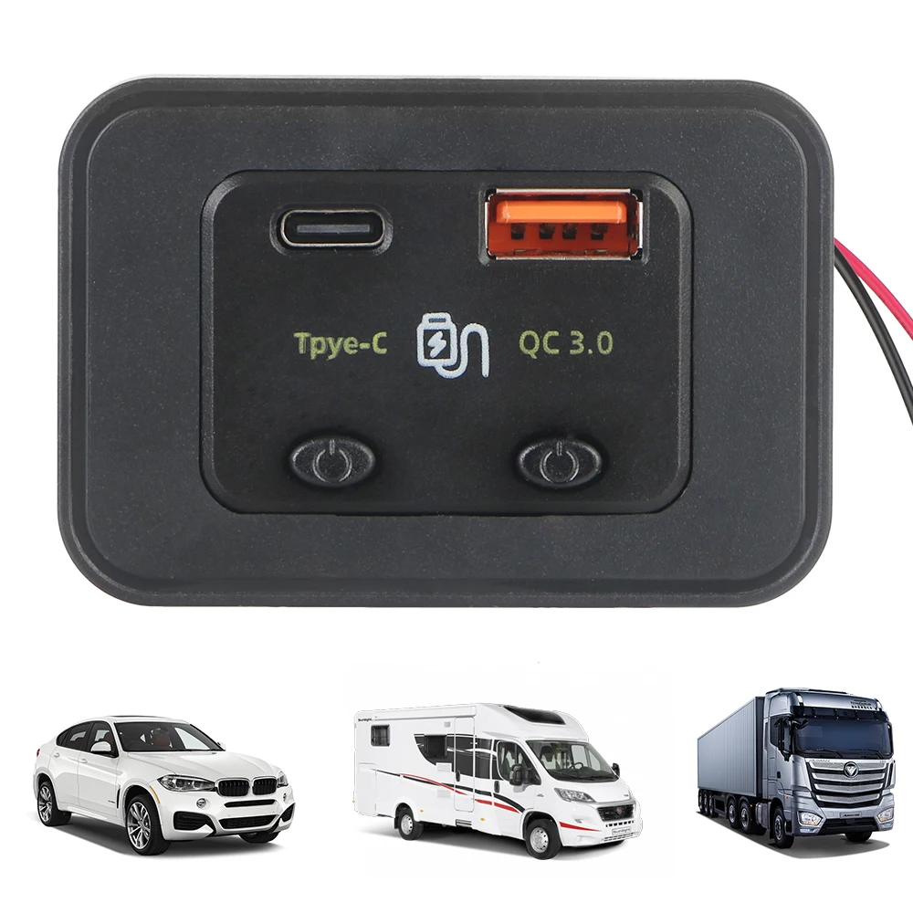 Phone Charger Type C + QC3.0 USB A Port Auto Adapter LED Light Car Fast Charger 12V/24V for Car RV RV Home Camper Caravans
Phone Charger Type C + QC3.0 USB A Port Auto Adapter LED Light Car Fast Charger 12V/24V for Car RV RV Home Camper Caravans
