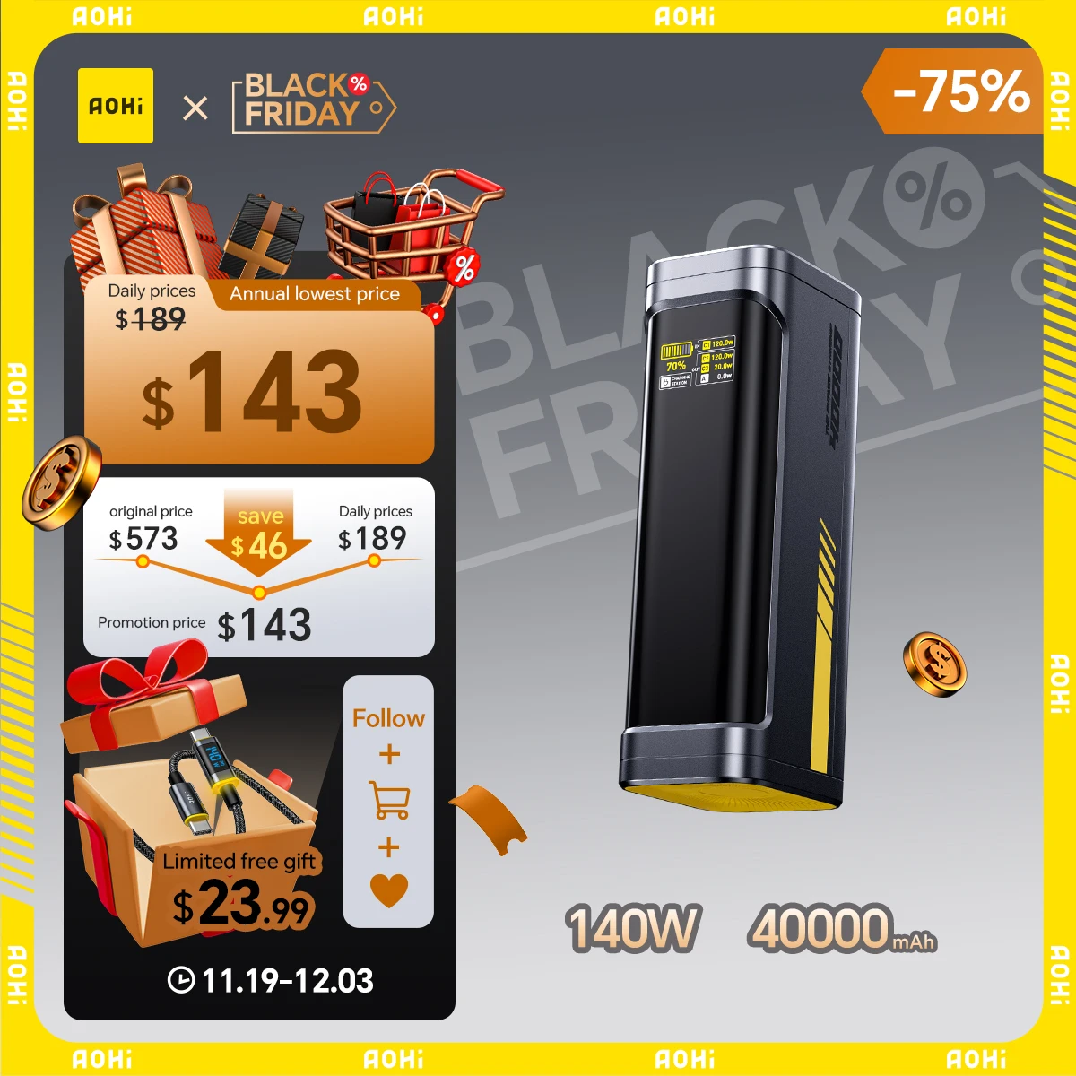 AOHI Starship Power Bank 40,000 мАч 140 Вт PD3.1 Power Bank для ноутбука с кабелем C-C, станция быстрой зарядки для ноутбука iPhone MacBook
AOHI Starship Power Bank 40,000 мАч 140 Вт PD3.1 Power Bank для ноутбука с кабелем C-C, станция быстрой зарядки для ноутбука iPhone MacBook