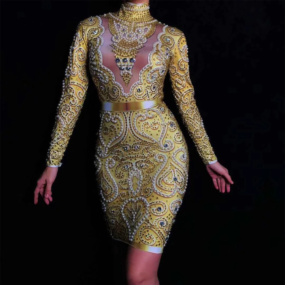 Shining Gold Pearls Rhinestones Long Sleeves Sexy Dress For Women Evening Party Clothing Stage Singer Perform Costumes
Shining Gold Pearls Rhinestones Long Sleeves Sexy Dress For Women Evening Party Clothing Stage Singer Perform Costumes