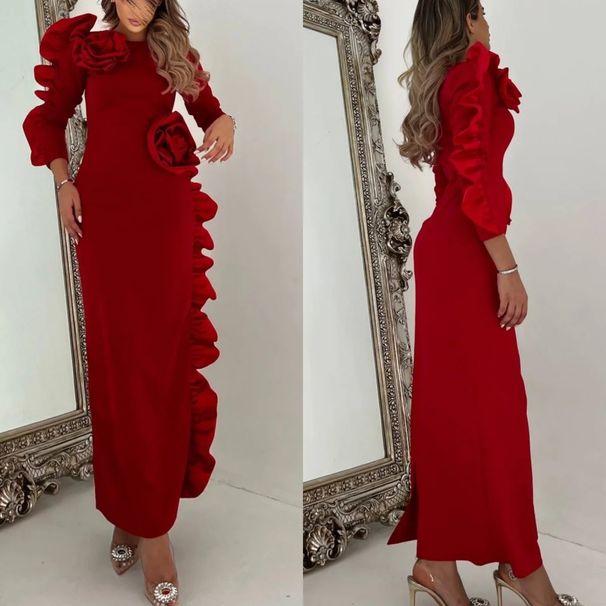 Red Mermaid Evening Gowns for Women Flowers Ruffles Vestidos de Noche Ruched Long Sleeve Prom Party Gowns Customized
Red Mermaid Evening Gowns for Women Flowers Ruffles Vestidos de Noche Ruched Long Sleeve Prom Party Gowns Customized