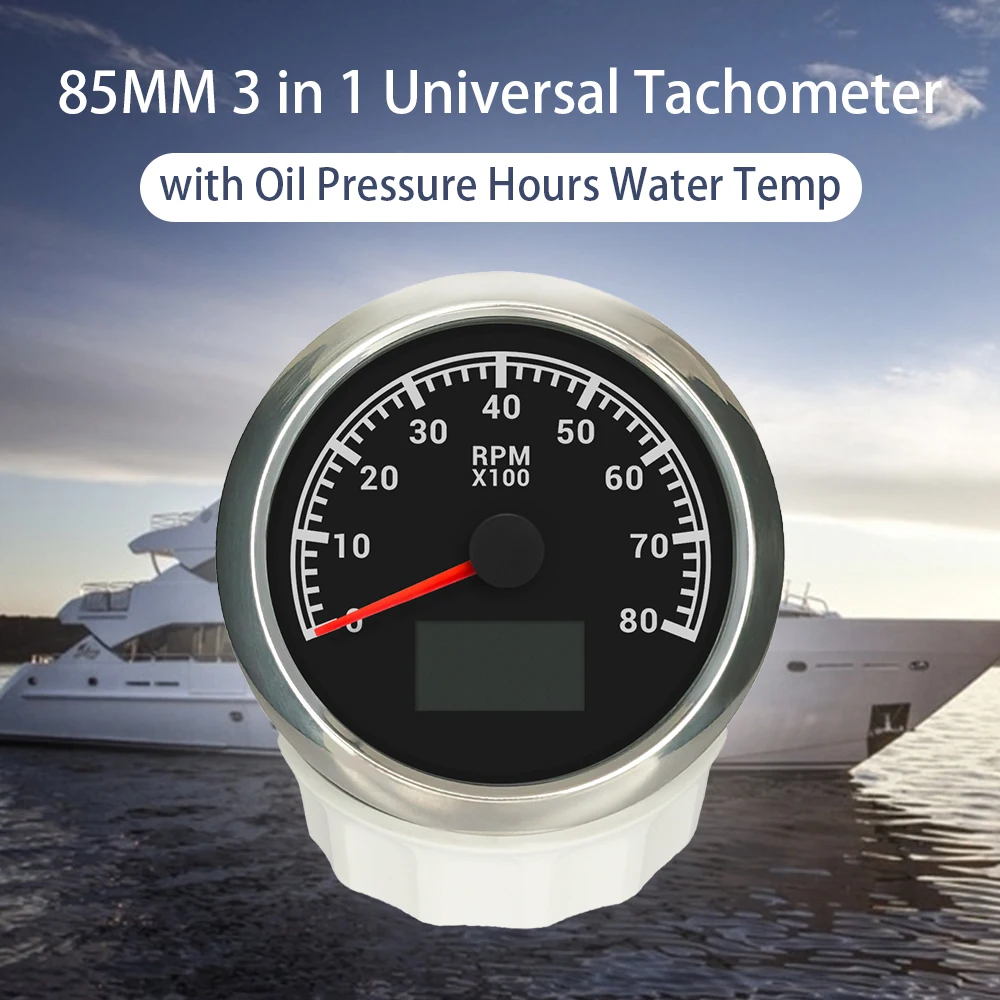 New 85mm 3 in 1 Tachometer with Oil Pressure Hours Water Temp RPM Meter and 7 Backlights Available
New 85mm 3 in 1 Tachometer with Oil Pressure Hours Water Temp RPM Meter and 7 Backlights Available