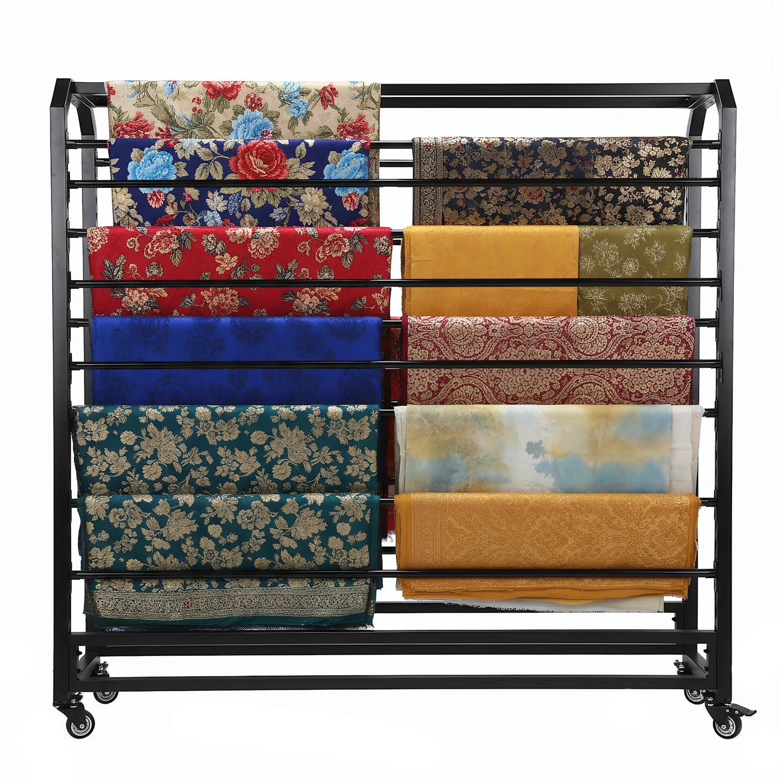 Передвижной органайзер-держатель на 16/18 штанг с регулируемыми подвесными штангами и колесиками для рулонов бумаги, штор, обоев, скатертей
Передвижной органайзер-держатель на 16/18 штанг с регулируемыми подвесными штангами и колесиками для рулонов бумаги, штор, обоев, скатертей