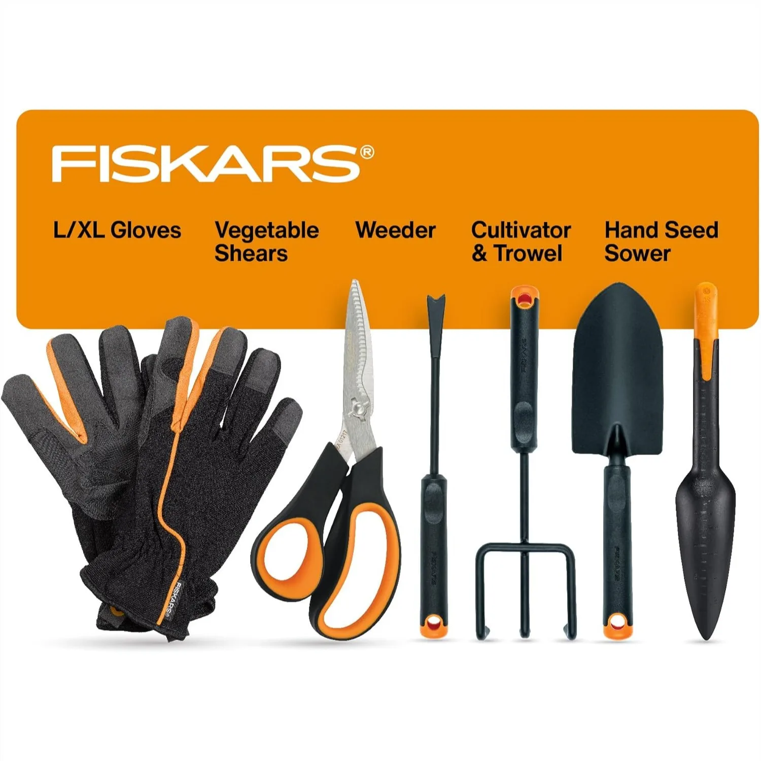 Vegetable Gardening Tool Set 6-Piece with Serrated Shears, 4-in-1 Seed Sower, Trowel, Cultivator, Weeder, Gloves
Vegetable Gardening Tool Set 6-Piece with Serrated Shears, 4-in-1 Seed Sower, Trowel, Cultivator, Weeder, Gloves