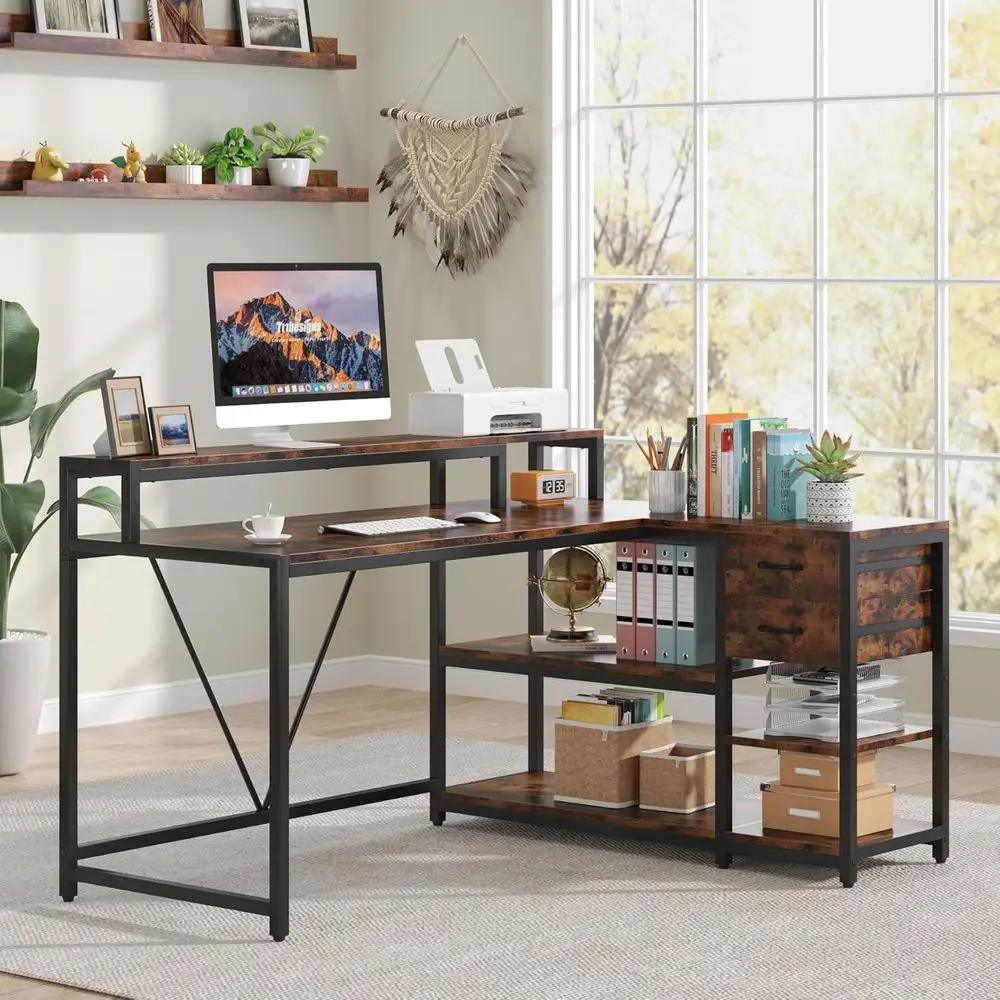 Reversible L-Shaped Desk with Storage, Monitor Stand, and Rustic Small Space Writing Table
Reversible L-Shaped Desk with Storage, Monitor Stand, and Rustic Small Space Writing Table