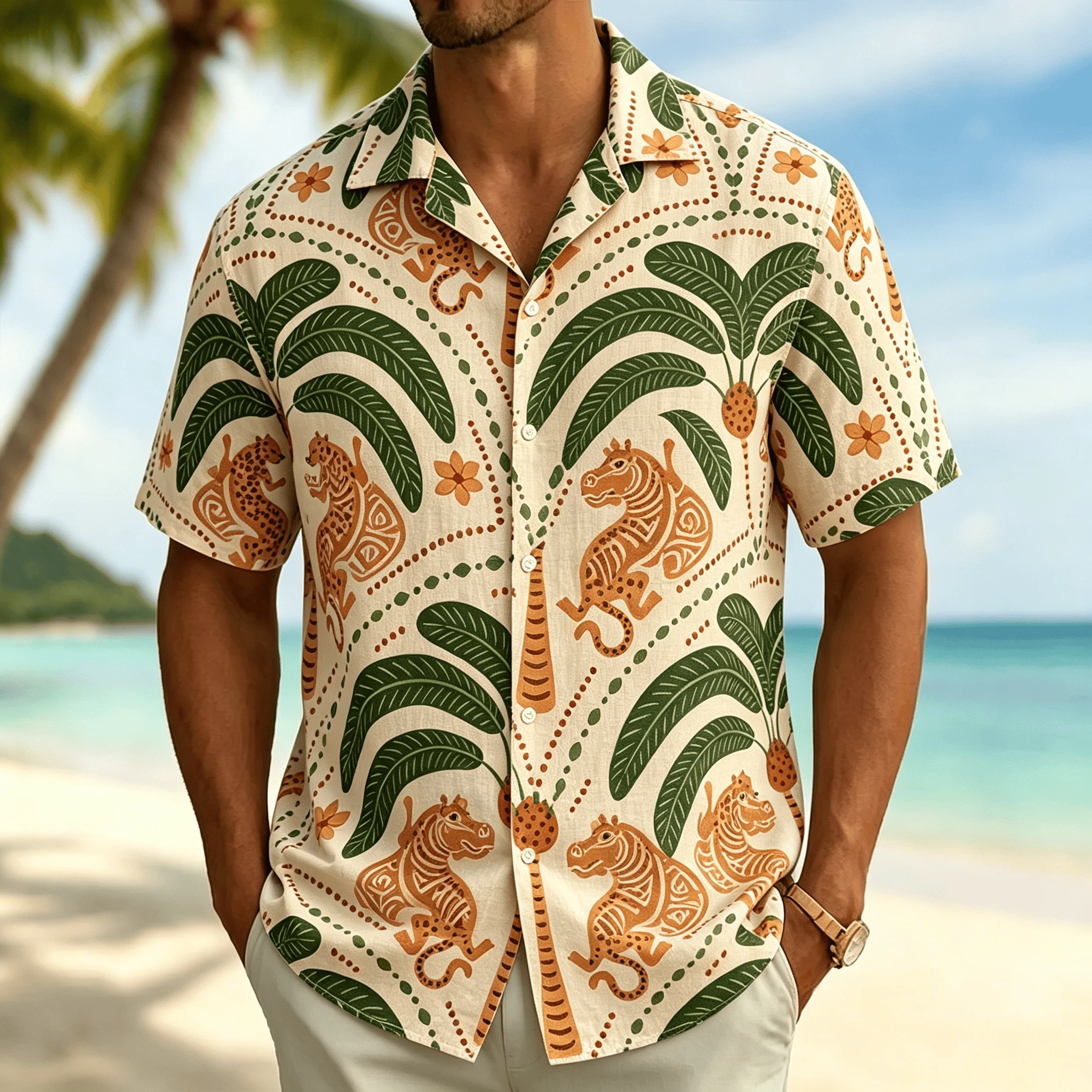 Men's Beige Tribal Leopard Palm Print Short Sleeve Shirt, Casual Hawaiian Button Down Top with Jungle Motifs for Spring & Summer
Men's Beige Tribal Leopard Palm Print Short Sleeve Shirt, Casual Hawaiian Button Down Top with Jungle Motifs for Spring & Summer