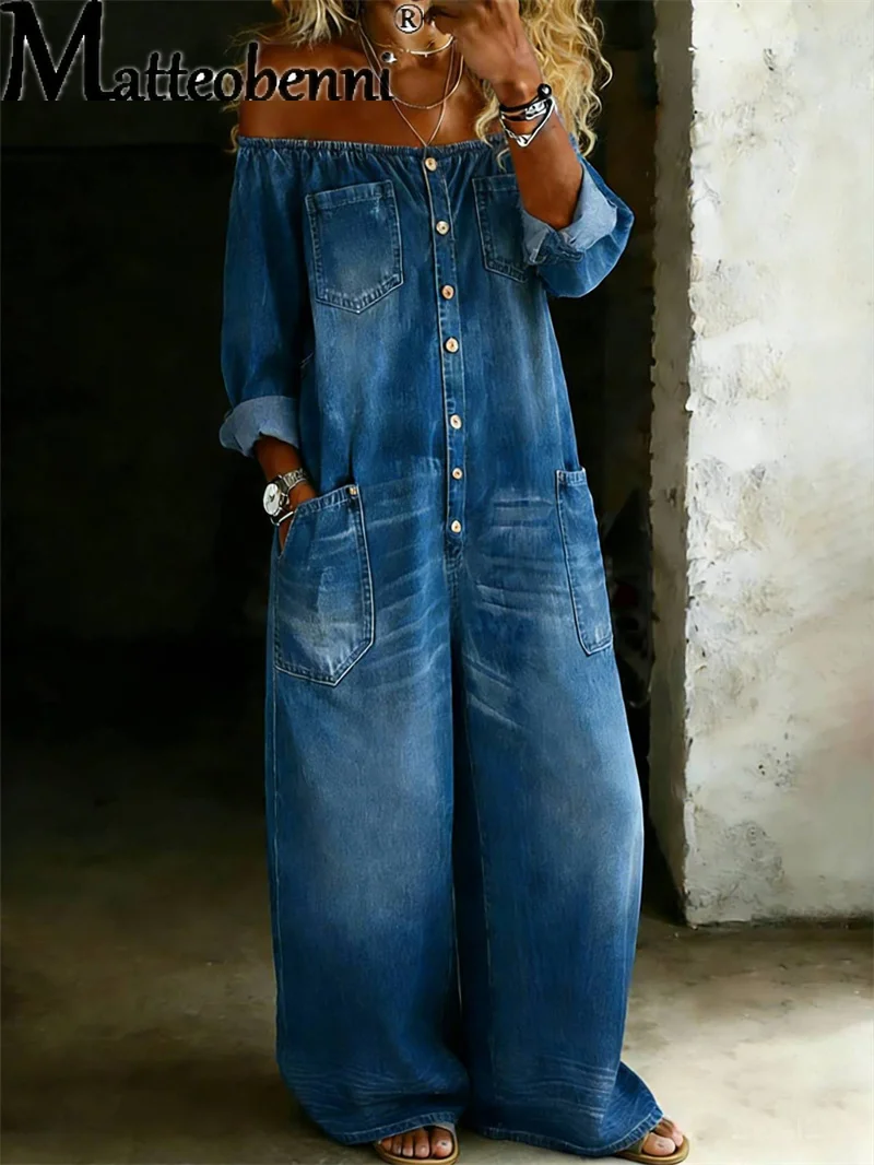 2026 Autumn Women Faux Denim Look Jumpsuit Off Shoulder Sexy Single Breasted Loose Wide Leg Long Sleeve Casual Streetwear Romper
2026 Autumn Women Faux Denim Look Jumpsuit Off Shoulder Sexy Single Breasted Loose Wide Leg Long Sleeve Casual Streetwear Romper