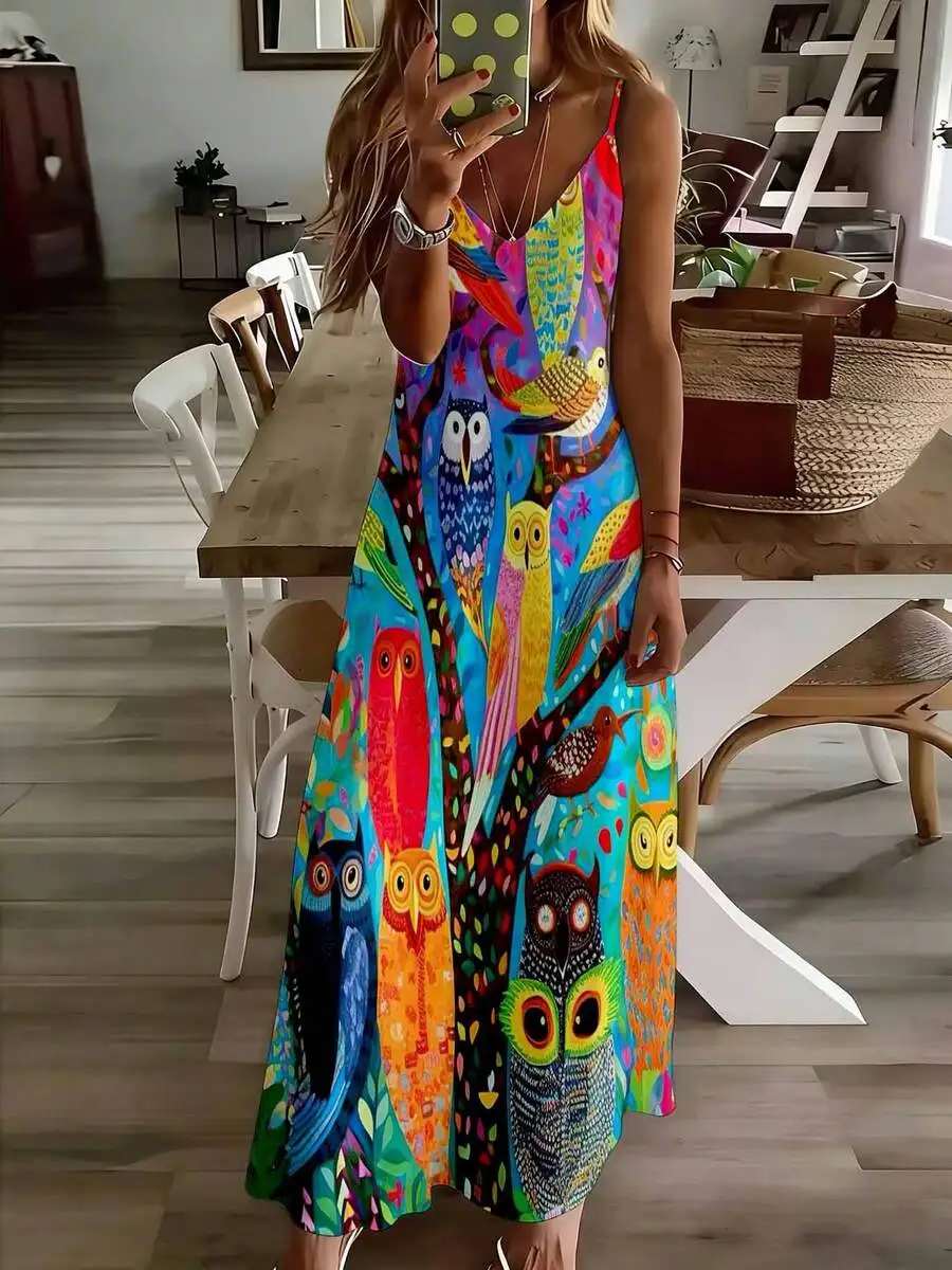 Colorful Owl Print Sleeveless Maxi Dress For Women Summer Beach Casual Outdoor Wear
Colorful Owl Print Sleeveless Maxi Dress For Women Summer Beach Casual Outdoor Wear