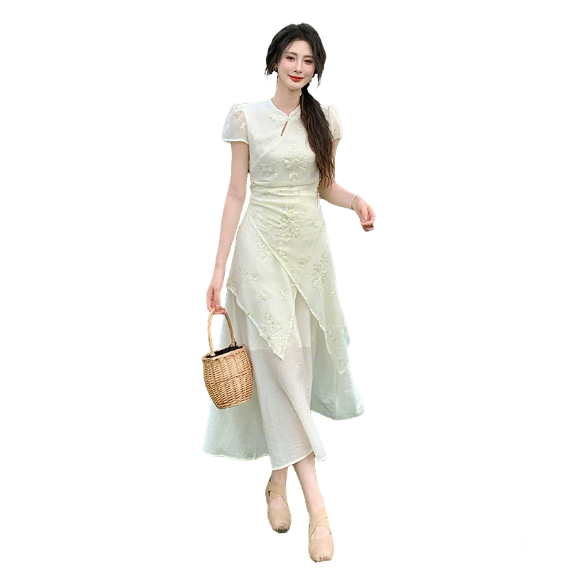 New Chinese Style Embroidered Qipao Dress, Short Sleeve Asymmetrical Midi Dress, Layered Ruffle Hem Cheongsam
New Chinese Style Embroidered Qipao Dress, Short Sleeve Asymmetrical Midi Dress, Layered Ruffle Hem Cheongsam
