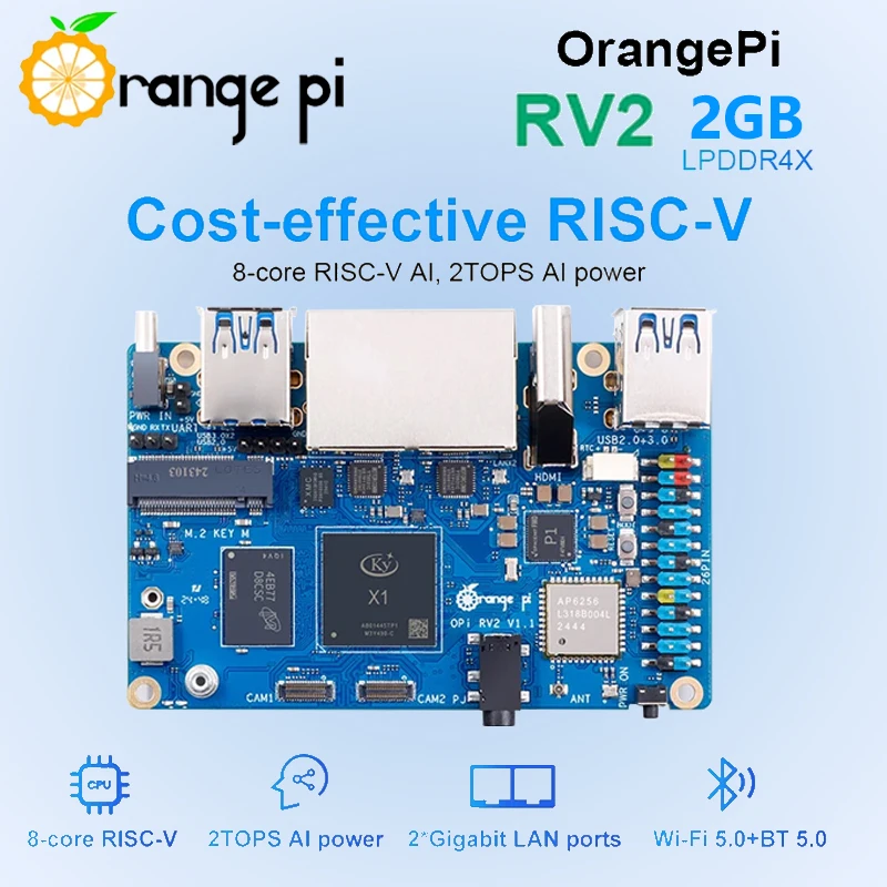 Orange Pi RV2 2GB RAM RISC-V AI Board 2 TOPS NPU WiFi+BT5.0 Gigabit Ethernet SBC M2 NVMe SSD Single Board
Orange Pi RV2 2GB RAM RISC-V AI Board 2 TOPS NPU WiFi+BT5.0 Gigabit Ethernet SBC M2 NVMe SSD Single Board