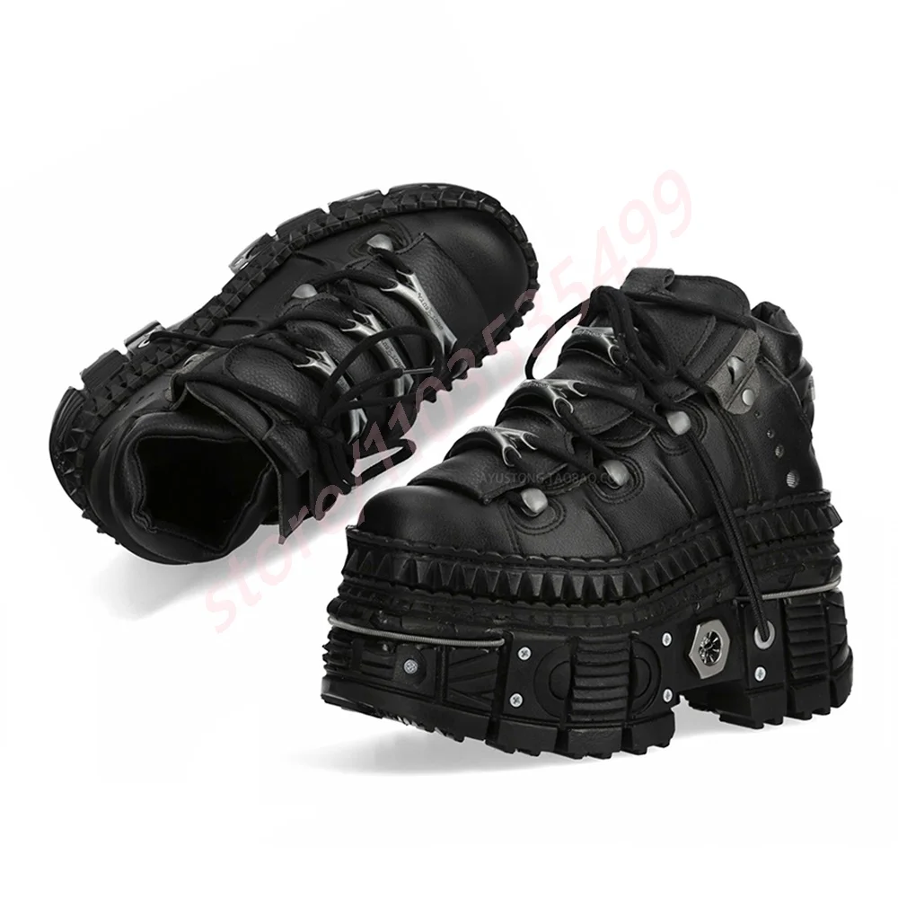 Короткие ботинки в стиле панк на толстой подошве с металлическими заклепками, новинка 2025, круглые спортивные повседневные ботильоны в стиле Street Rock, черные модные вечерние туфли-лодочки на шнуровке 
Короткие ботинки в стиле панк на толстой подошве с металлическими заклепками, новинка 2025, круглые спортивные повседневные ботильоны в стиле Street Rock, черные модные вечерние туфли-лодочки на шнуровке