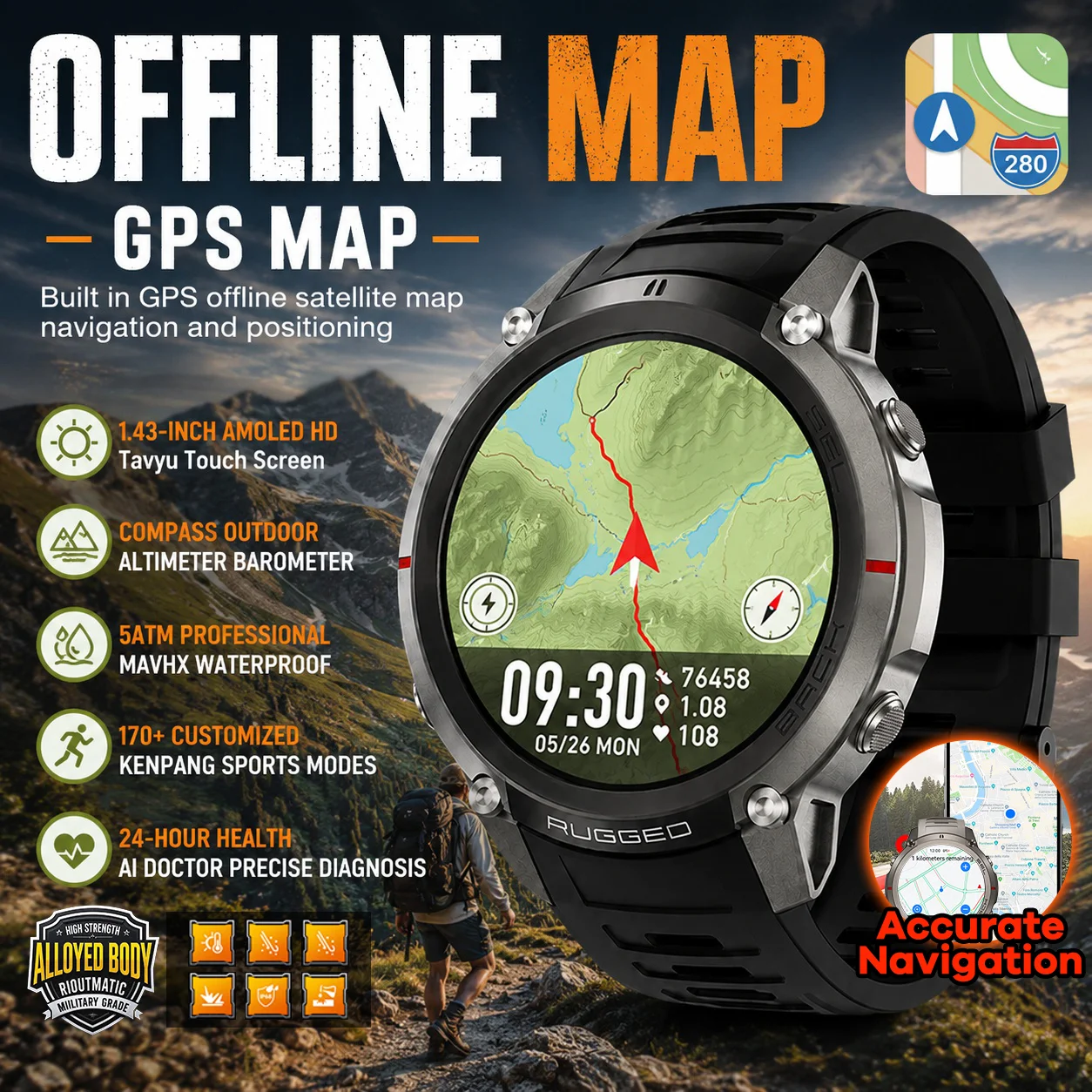 New Outdoor Military Men Smart Watch Built-in Offline GPS Map Compass 5ATM Waterproof BT Call 170+sports Mode AMOLED Smartwatch
New Outdoor Military Men Smart Watch Built-in Offline GPS Map Compass 5ATM Waterproof BT Call 170+sports Mode AMOLED Smartwatch